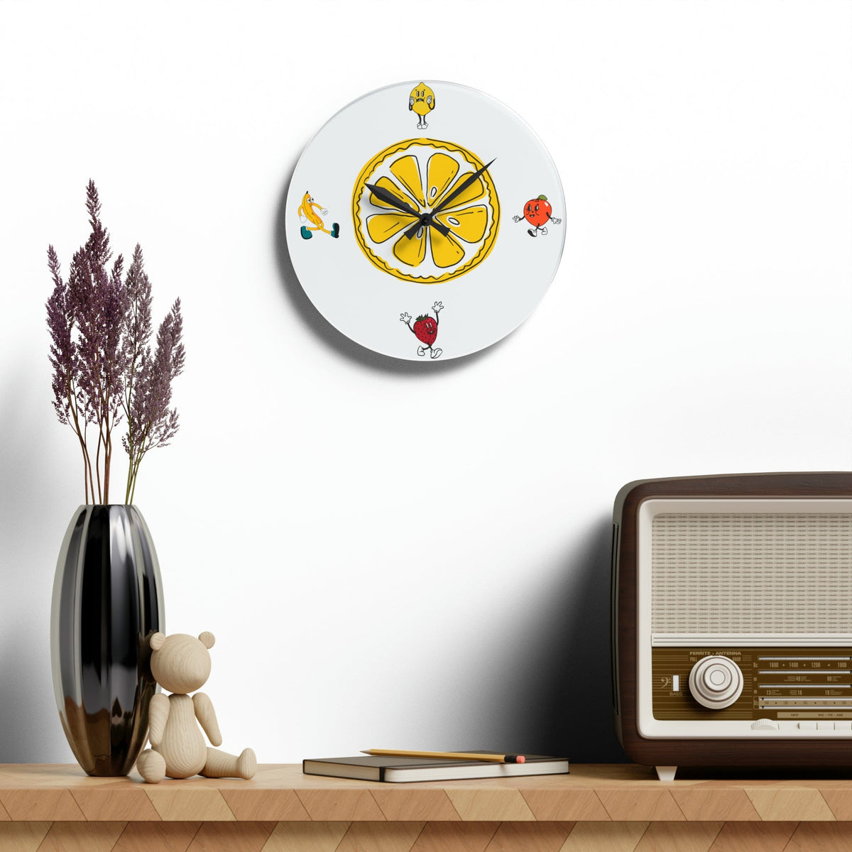Retro Kitschy Fruit, Cute Mod Kitchen Acrylic Wall Clock Home Decor 10.75'' × 10.75'' (Round)