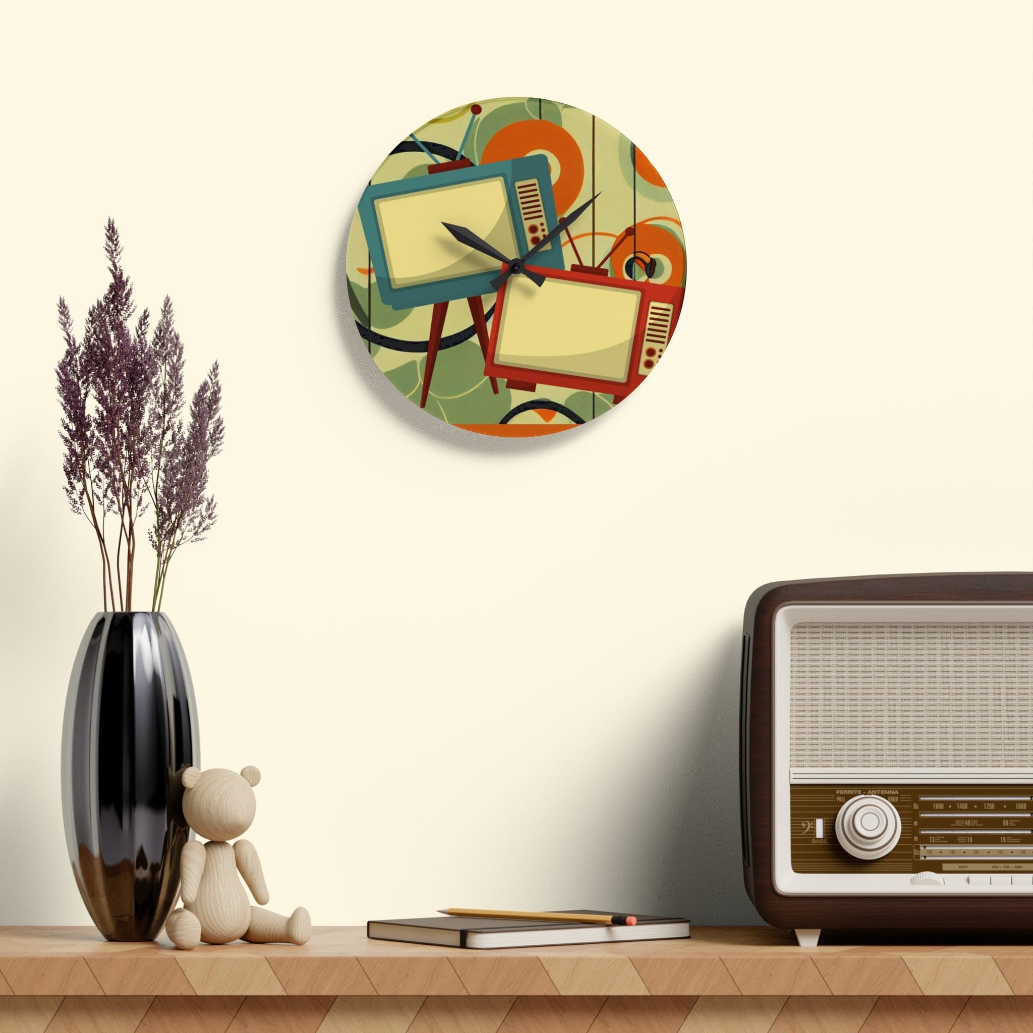 Retro Mid Century Modern Geometric Art, Retro TV, Orange, Green Cool Acrylic Wall Clock Home Decor 10.75&