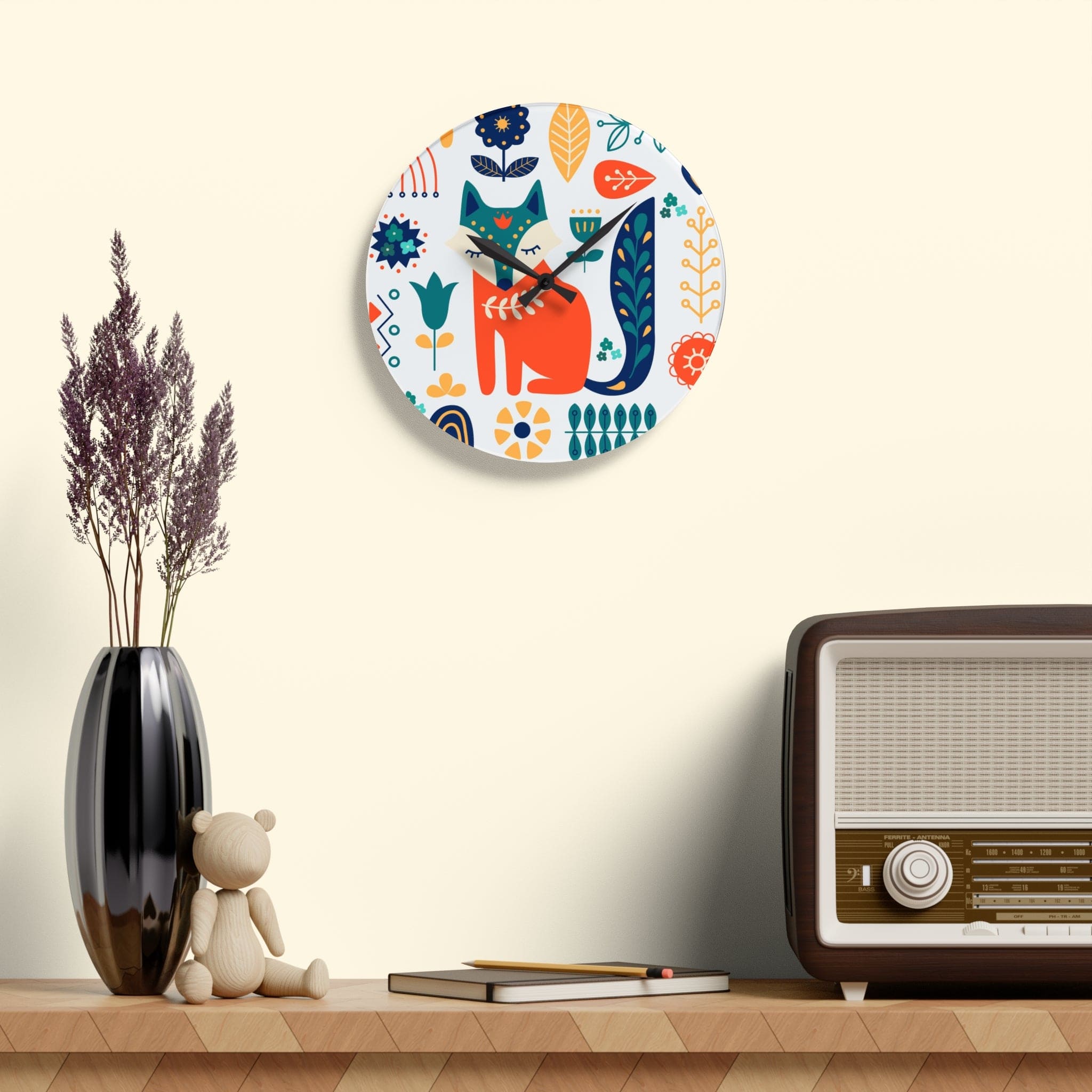 Scandinavian, Retro Modern Danish Fox Floral Acrylic Wall Clock Home Decor 10.75&