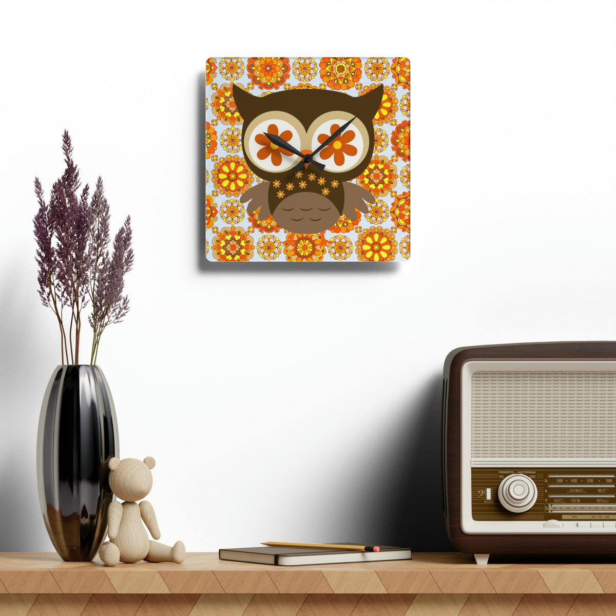 1970's Retro Owl Orange, Mod Groovy Flower Power, Acrylic Wall Clock Home Decor 10.75'' × 10.75'' (Square)