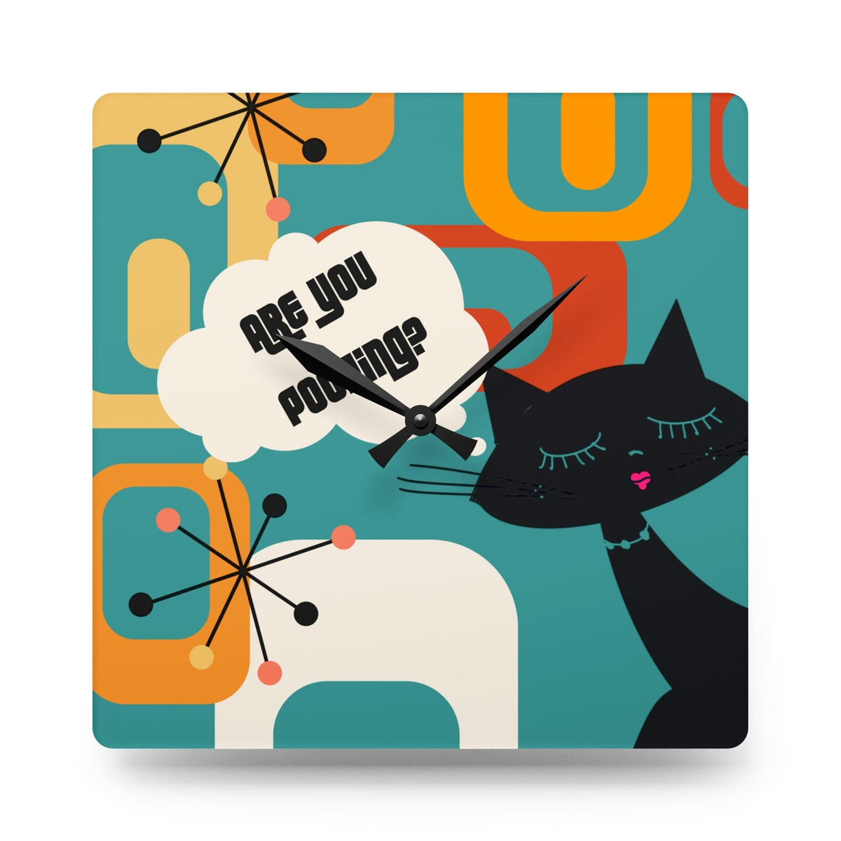 Atomic Cat, Funny Bathroom Retro Geometric MCM Acrylic Wall Clock Home Decor 10.75'' × 10.75'' (Square)