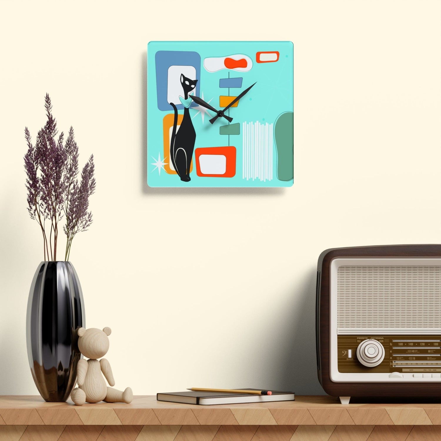 Atomic Cat Mid Century Modern, Geometric Aqua, Retro Acrylic Wall Clock Home Decor 10.75&
