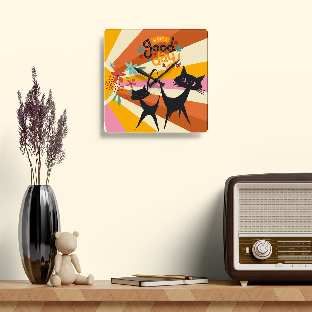 Atomic Cats, Retro Groovy 70's Have A Good Day, Floral, Groovy Acrylic Wall Clock Home Decor 10.75'' × 10.75'' (Square)