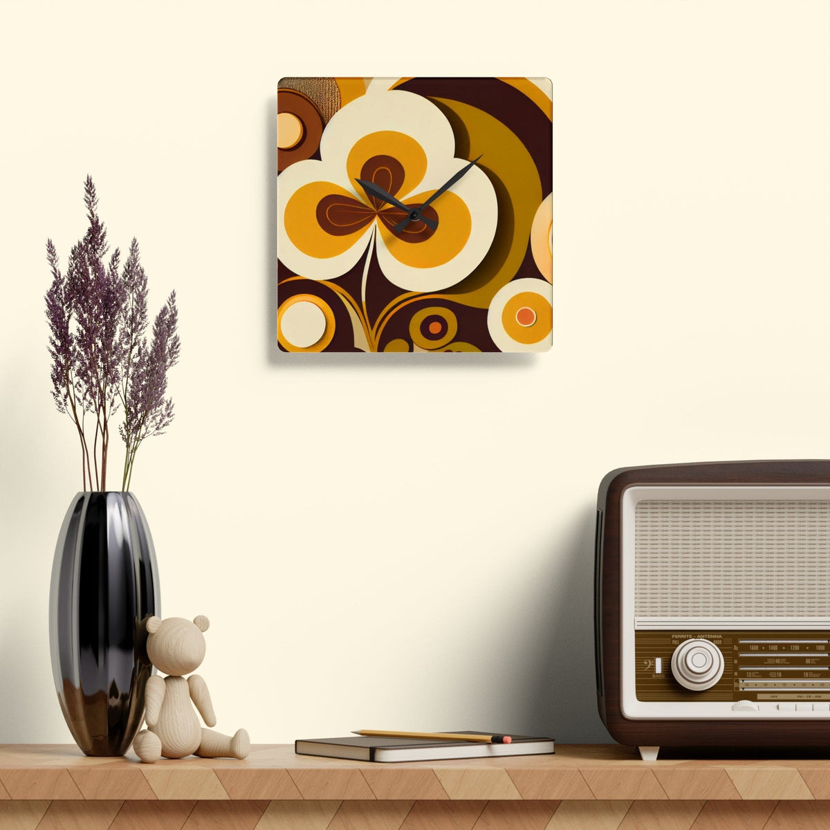 Groovy 70's Flower Power, Harvest Gold, Brown, Retro Funky Acrylic Wall Clock Home Decor 10.75'' × 10.75'' (Square)
