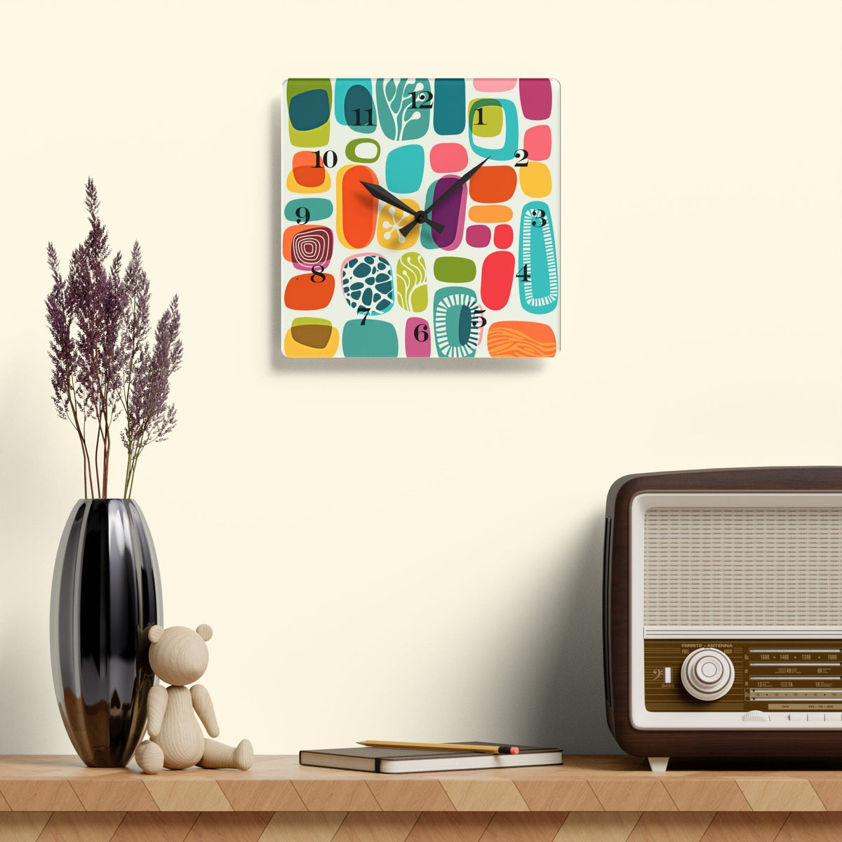 Mid Century Modern Boho Amoeba Geometric Retro Acrylic Wall Clock Home Decor 10.75'' × 10.75'' (Square)