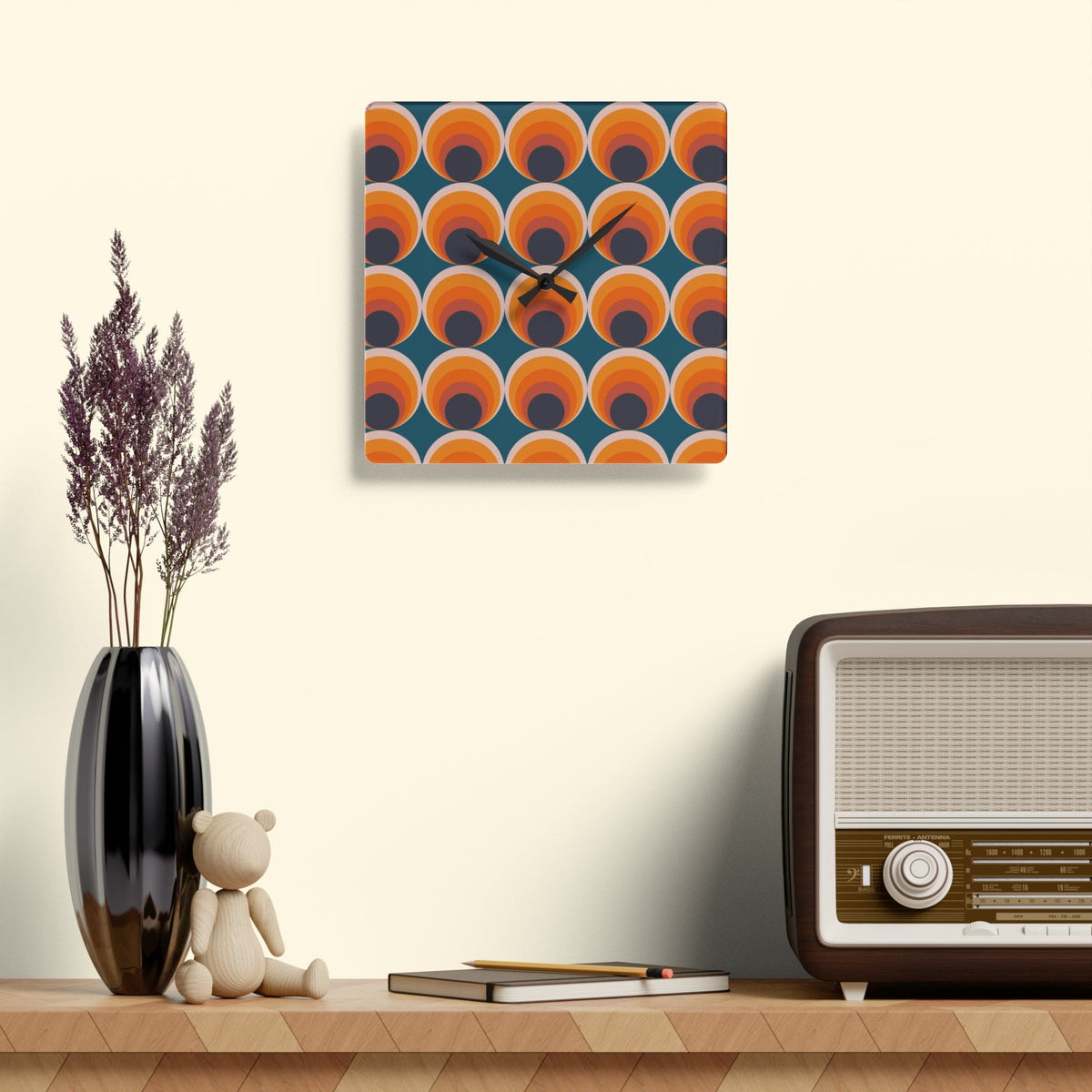 Mid Century Modern Groovy Orange, Navy Blue, Retro Style Acrylic Wall Clock Home Decor 10.75'' × 10.75'' (Square)