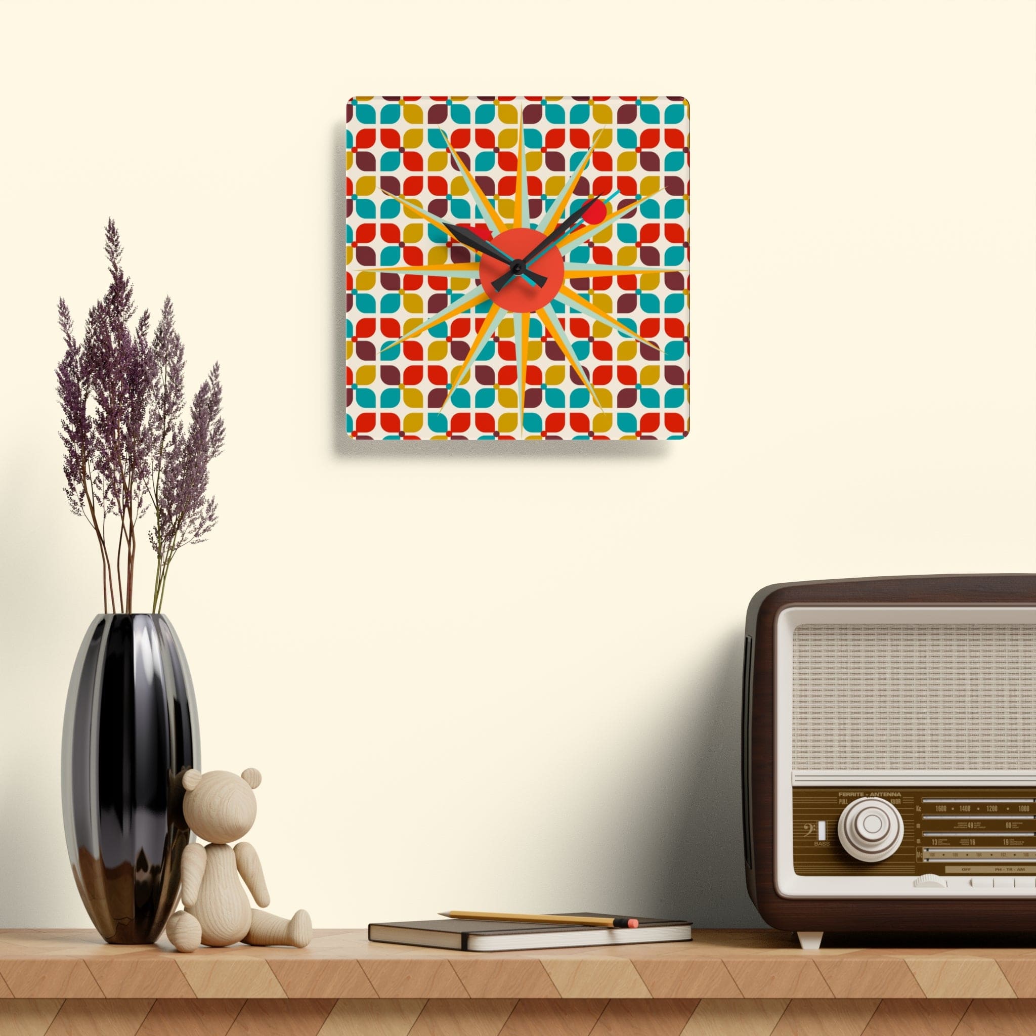 Mid Century Modern Starbust Clock, Scandinavian Retro Red, Turquoise, Mustard Yellow Geometric Designs Acrylic Wall Clock Home Decor 10.75&