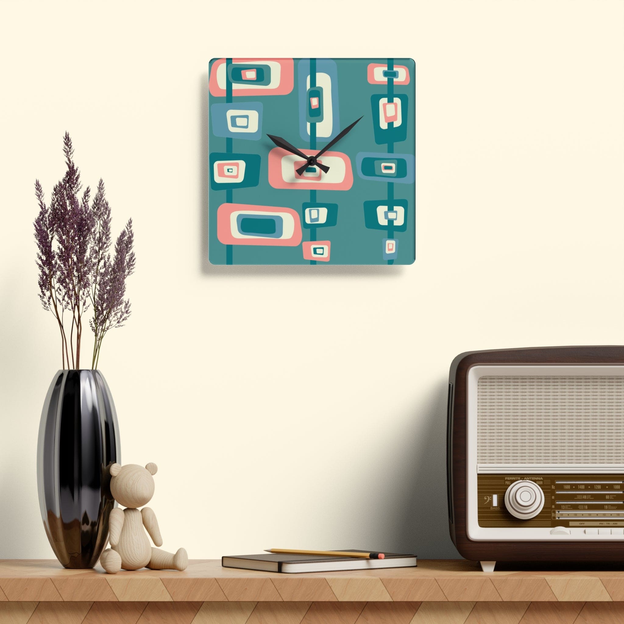 Mid Century Modern Teal, Pink, Beige Retro Geometric MCM Acrylic Wall Clock Home Decor 10.75&
