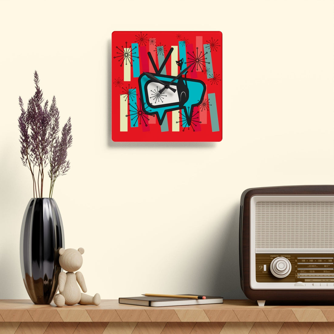 Mid Century Modern TV, Atomic Cat, Kitschy Retro MCM Acrylic Wall Clock Home Decor 10.75&