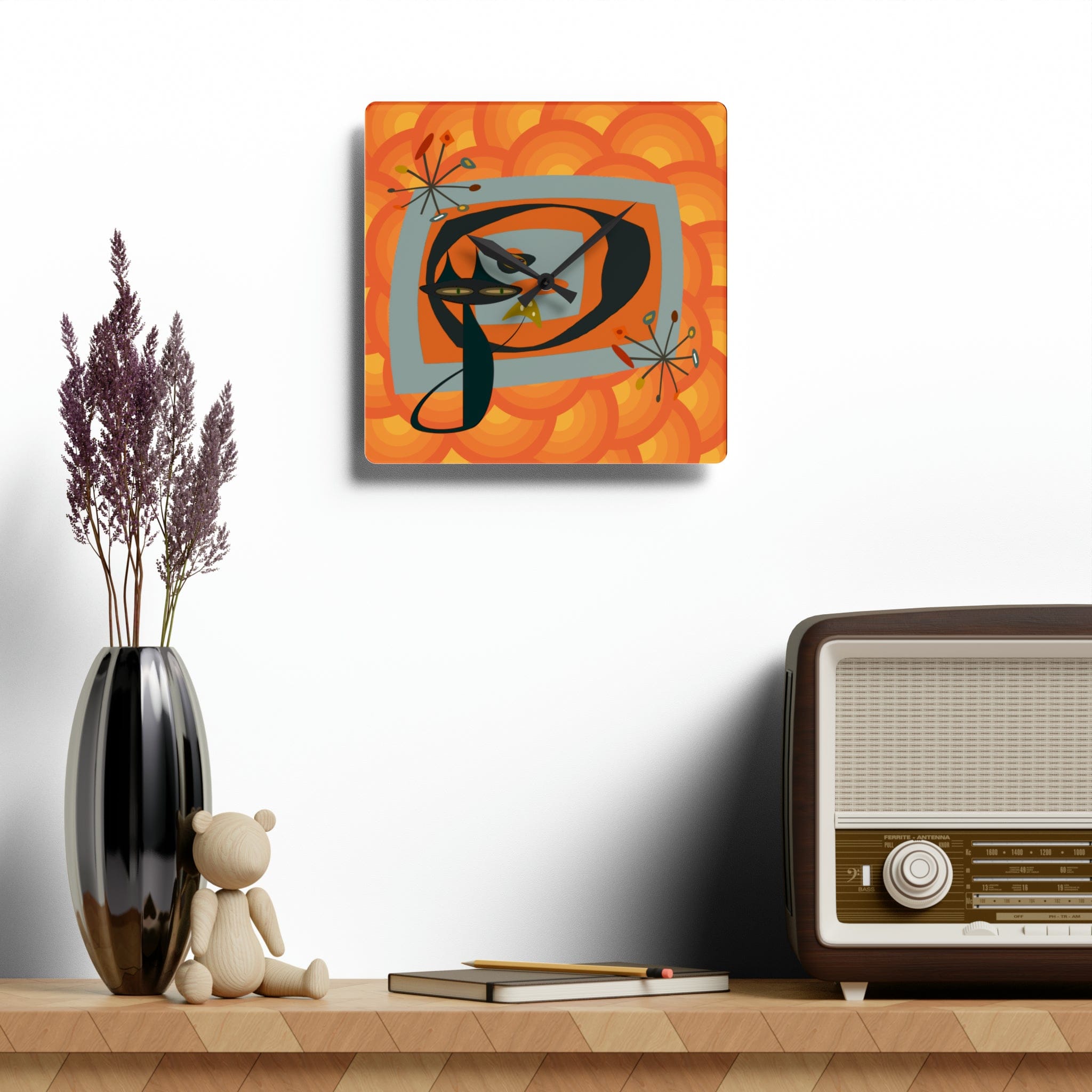 Mid Century Modern Wall Clock, Atomic Kitschy Cat, Orange Groovy Retro Acrylic Wall Clock Home Decor 10.75&