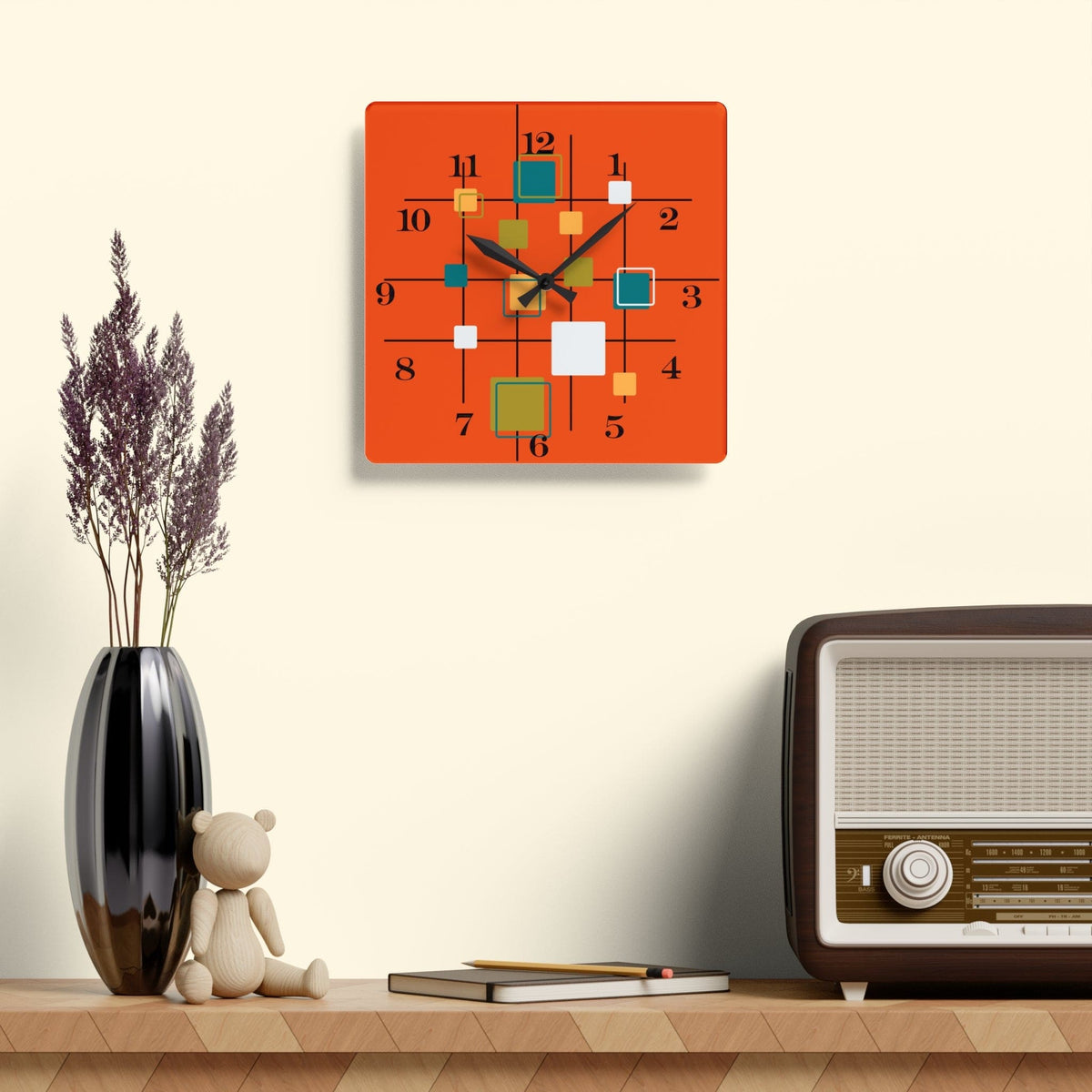 Mid Century Modern Wall Clock, Orange, Retro Geometric Acrylic Wall Clock Home Decor 10.75'' × 10.75'' (Square)