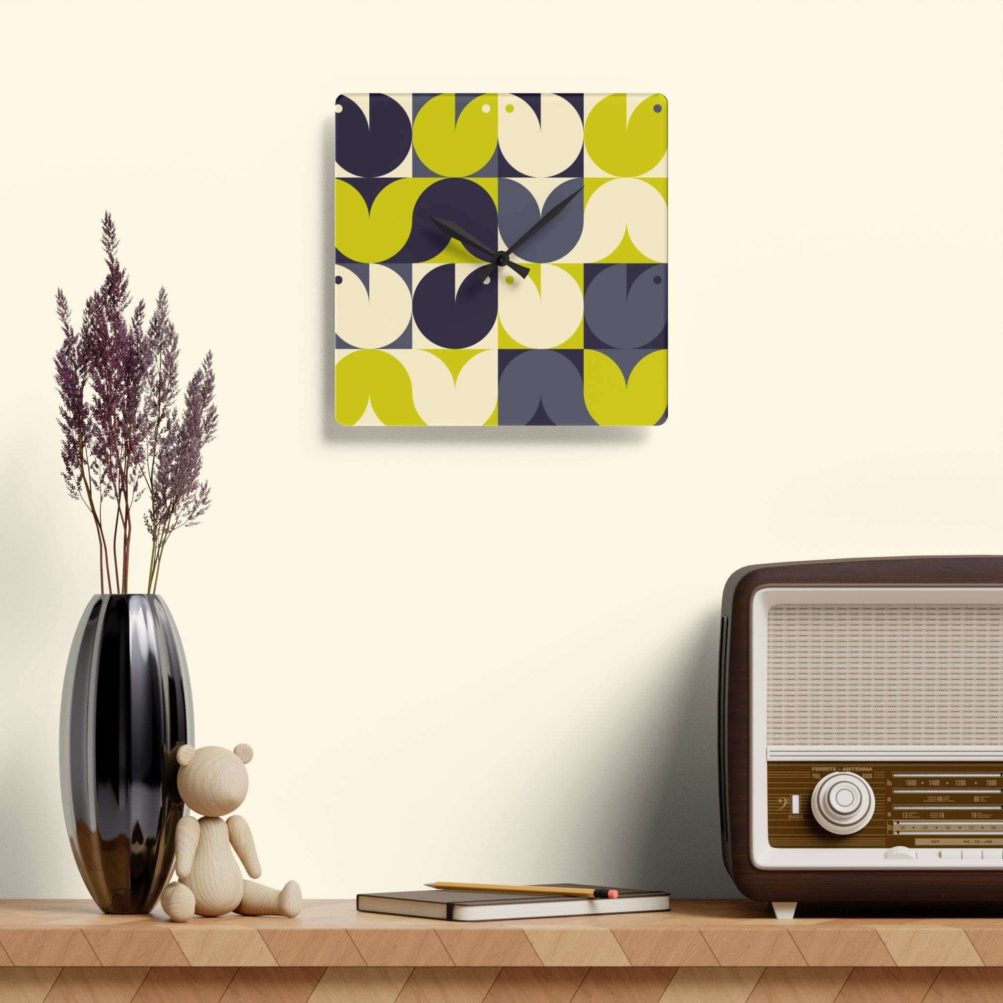 Modern Scandinavian, Geometric Birds, Green, Gray Retro MCM Acrylic Wall Clock Home Decor 10.75&