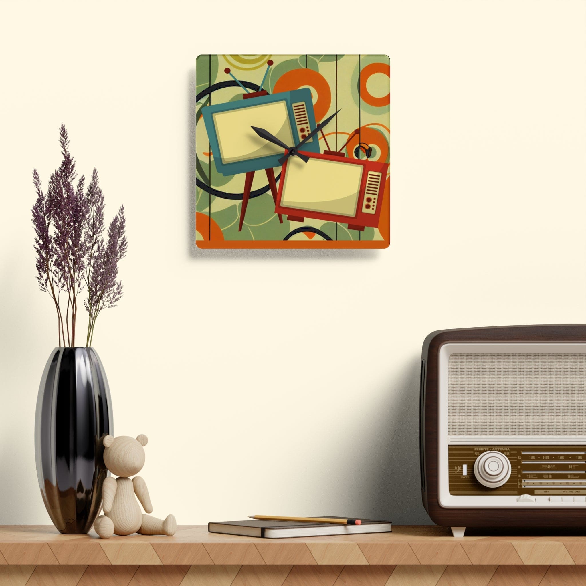 Retro Mid Century Modern Geometric Art, Retro TV, Orange, Green Cool Acrylic Wall Clock Home Decor 10.75&