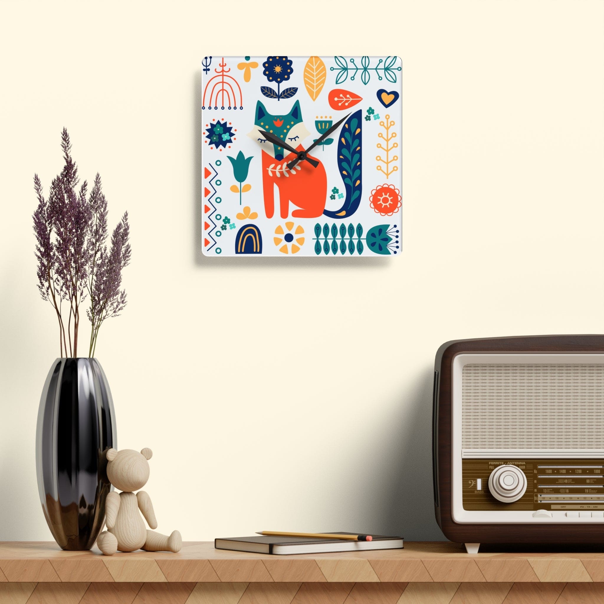 Scandinavian, Retro Modern Danish Fox Floral Acrylic Wall Clock Home Decor 10.75&