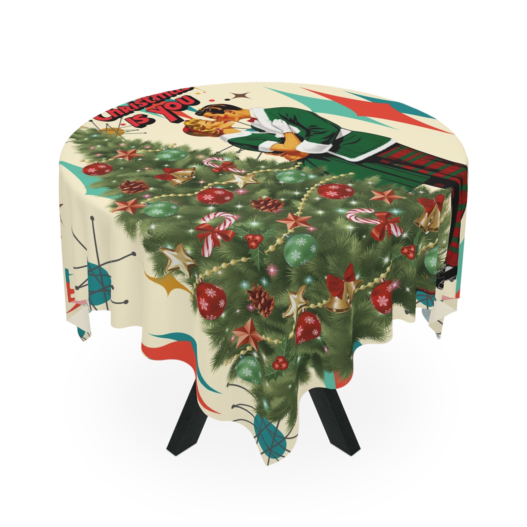 Mid Century Modern Christmas Tablecloth, Franciscan Starburst Pattern "All I Want for Christmas is You" Holiday Decor - Mid Century Modern Gal