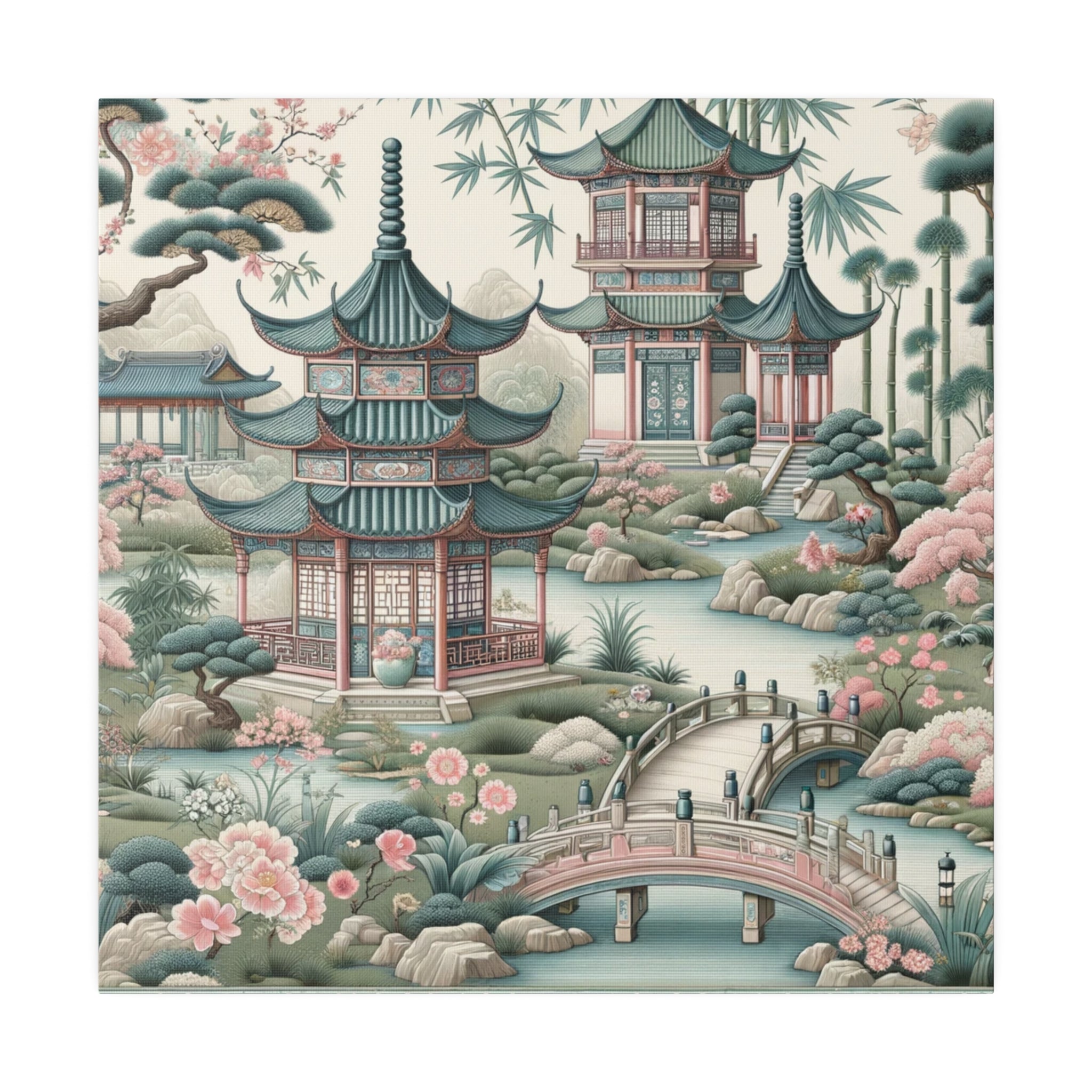 Chinoiserie Wall Art, Pagodas, Rivers, Pastel Southern Elegance Wall Art Matte Canvas - Mid Century Modern Gal