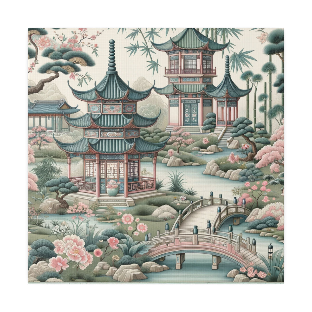 Chinoiserie Wall Art, Pagodas, Rivers, Pastel Southern Elegance Wall Art Matte Canvas - Mid Century Modern Gal