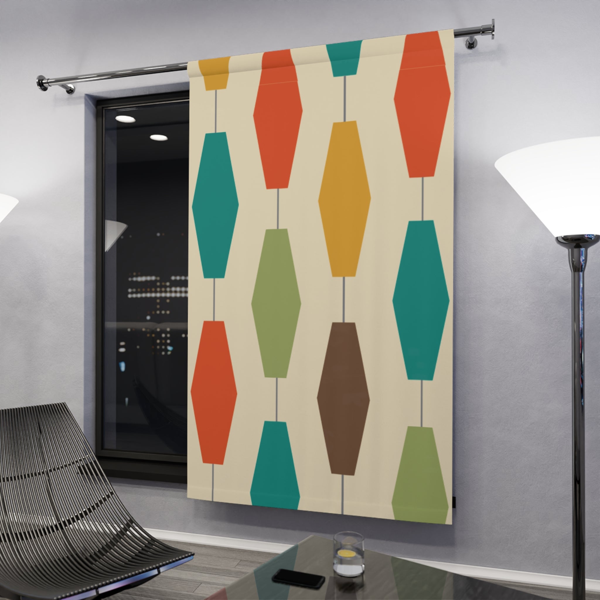 Mid Century Modern Groovy Lanterns, Hexagon Mid Mod Window Curtains (1 Piece) - Mid Century Modern Gal
