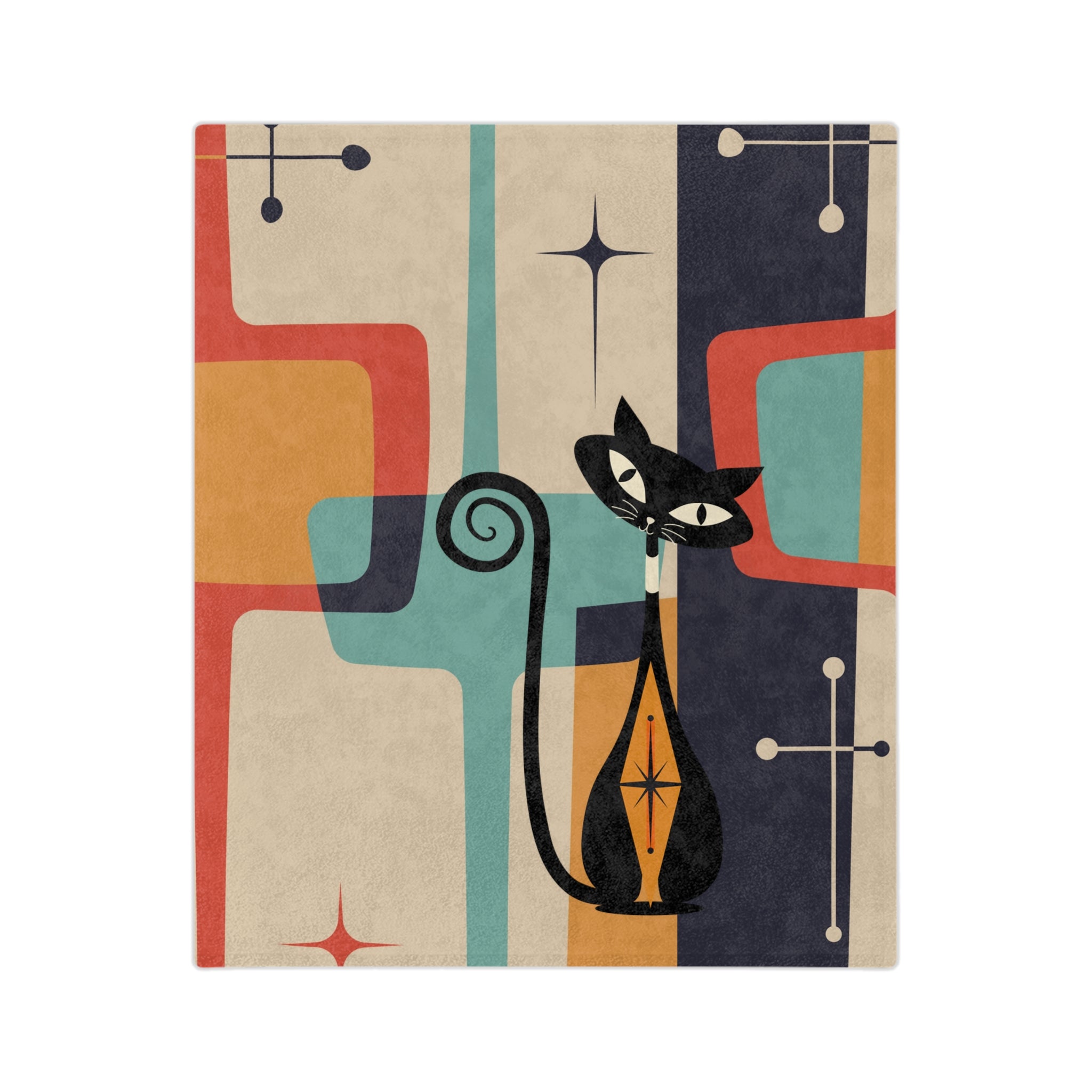 Atomic Cat Kitschy Mid Century Modern Velveteen Blanket - Mid Century Modern Gal