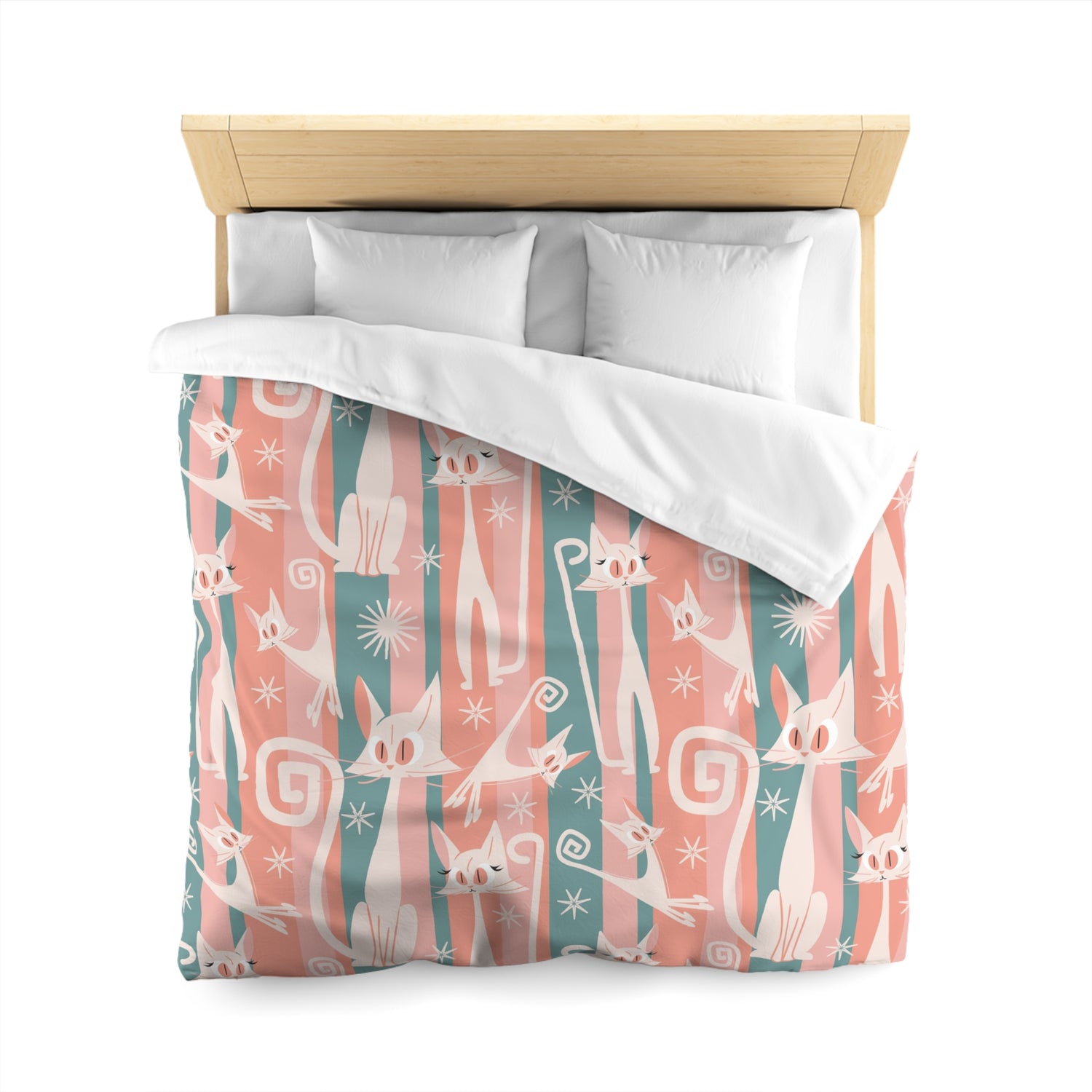Atomic Cat Bedding, Pink, Aqua Kitschy White Kitties, Mid Century Modern Fun Quirky Duvet - Mid Century Modern Gal