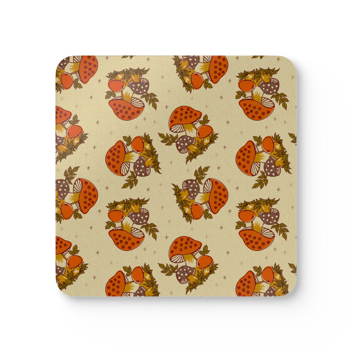 70s Vintage Merry Mushroom Groovy Hippie Kitchen Orange, Brown Corkwood Coaster Set - Mid Century Modern Gal