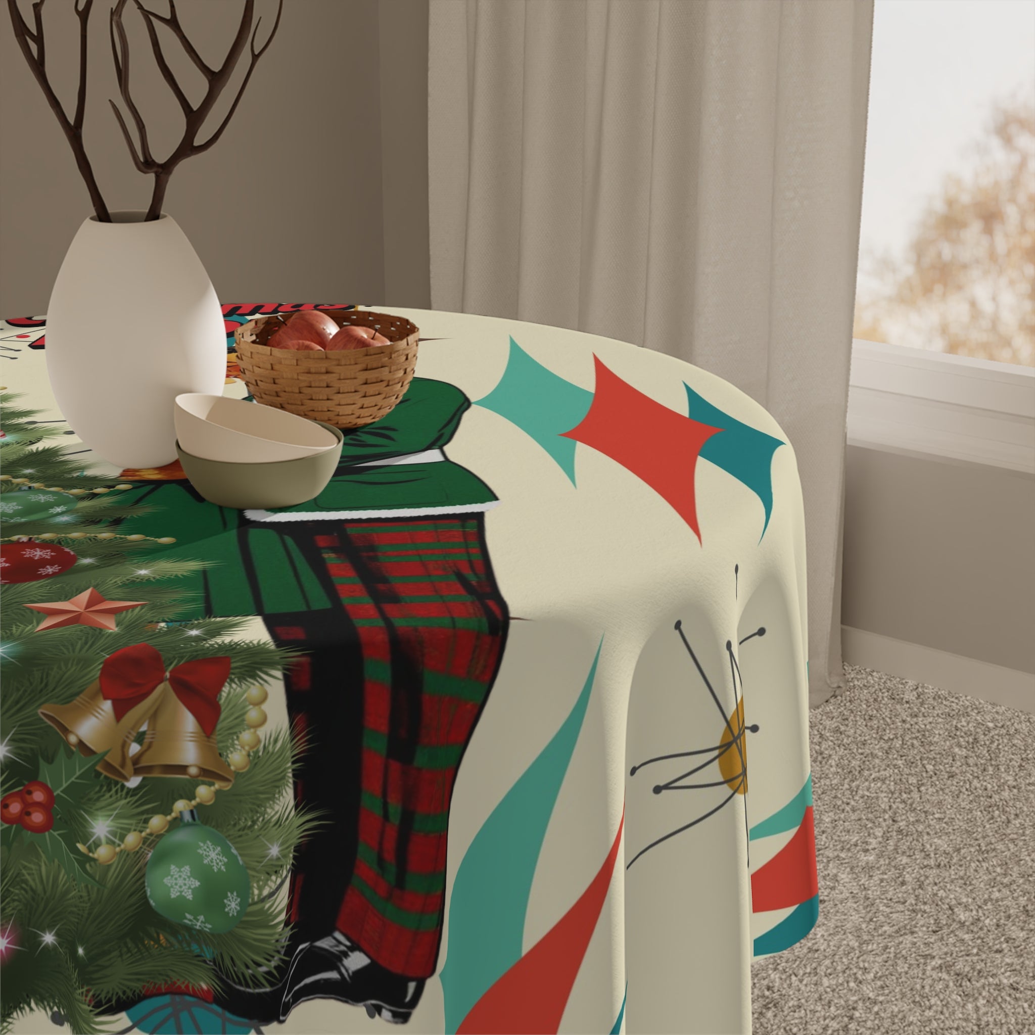 Mid Century Modern Christmas Tablecloth, Franciscan Starburst Pattern "All I Want for Christmas is You" Holiday Decor - Mid Century Modern Gal
