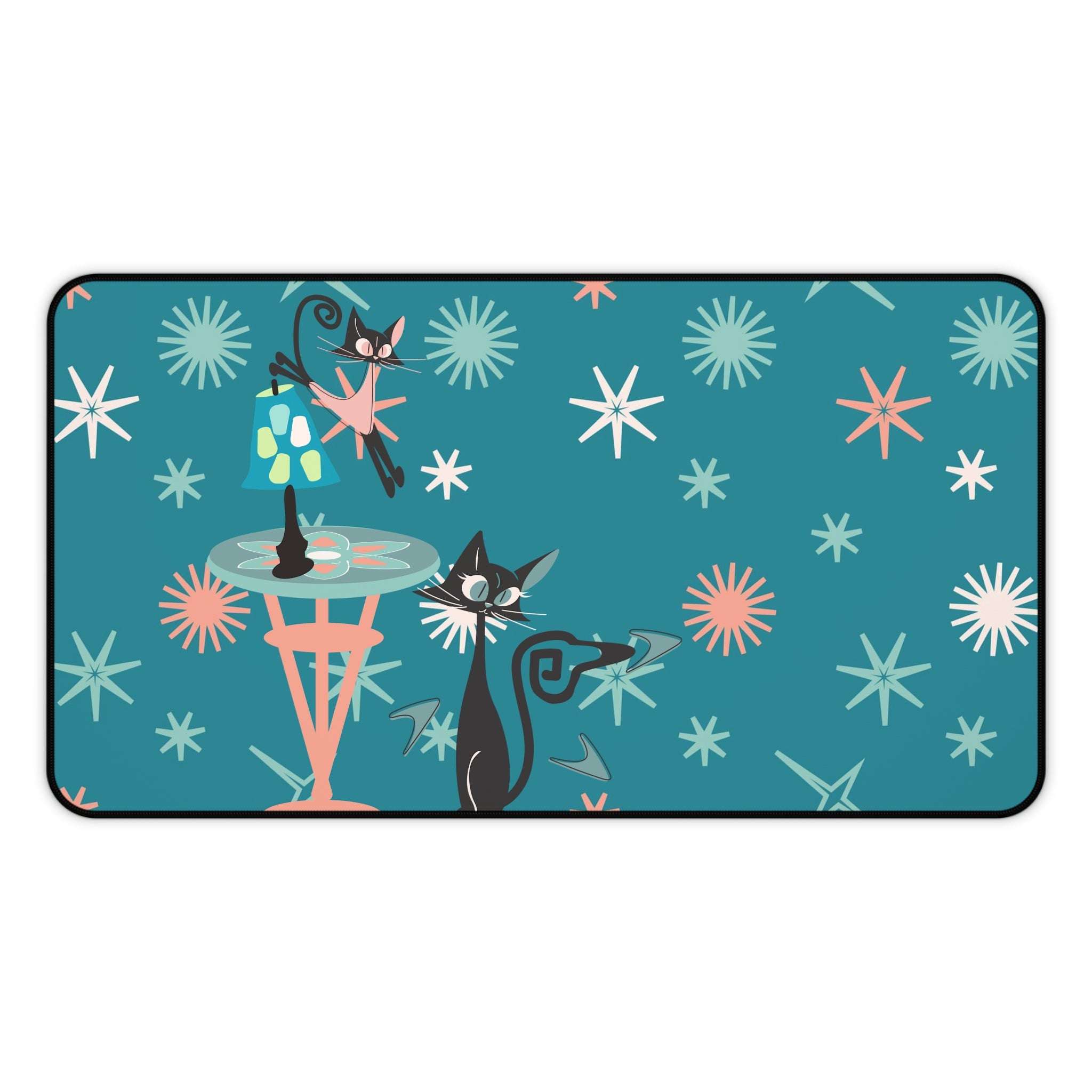 Atomic Cat Desk Mat, Kitschy Cute, Teal, Pink Starburst Mid Century Modern Office Decor - Mid Century Modern Gal