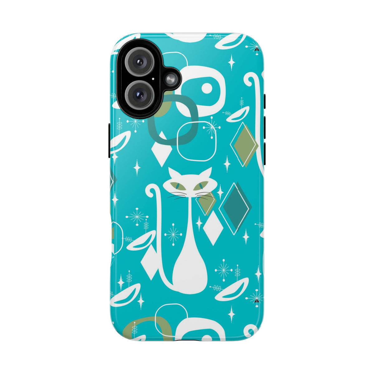 Atomic Cat Space Designs, Mid Century Modern, Aqua, White Kitschy Cat Tough Phone Case