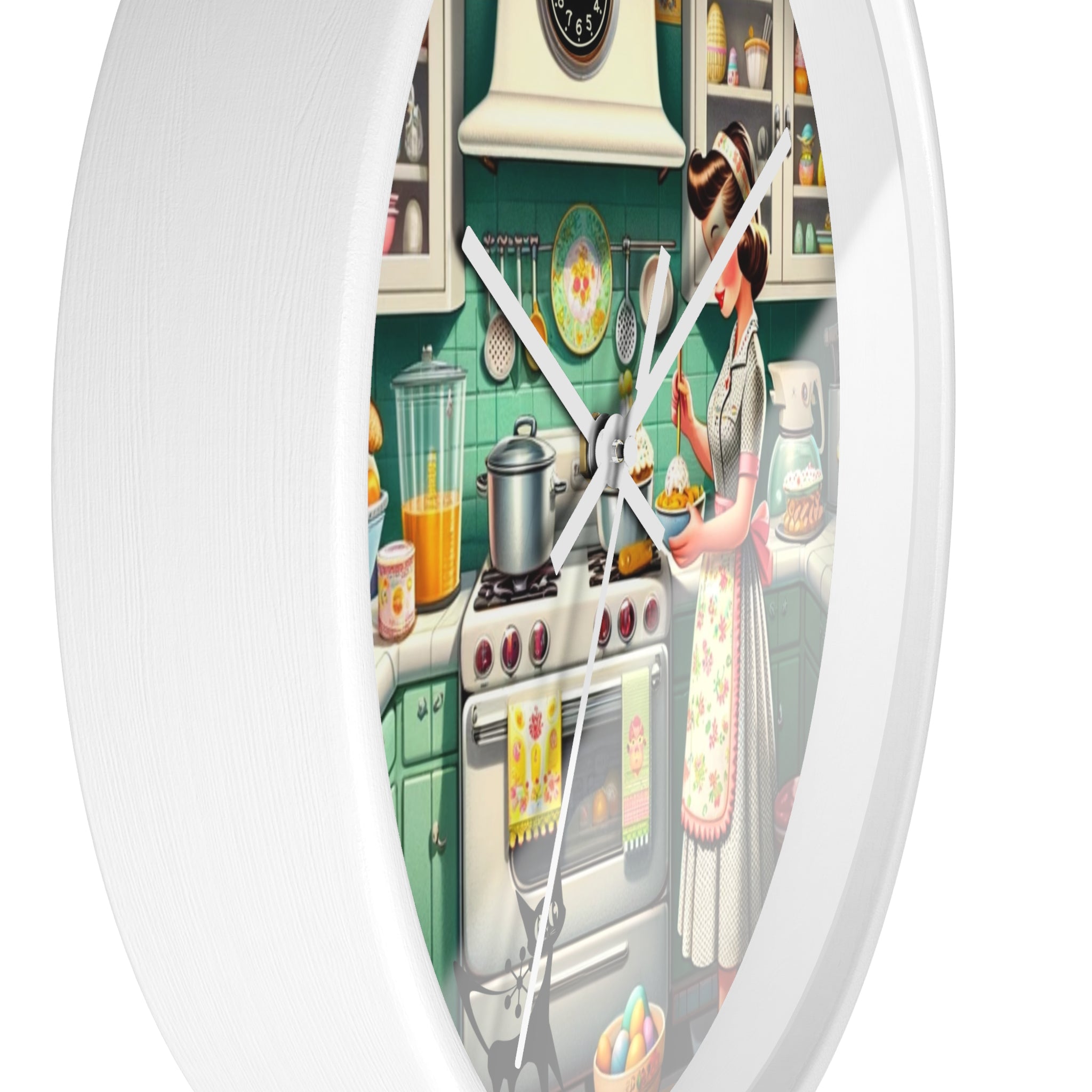 Vintage Kitschy Designed Mid Mod Gal Atomic Cat, Spring Wall Clock with Retro Cooking Design - Mid Century Modern Gal