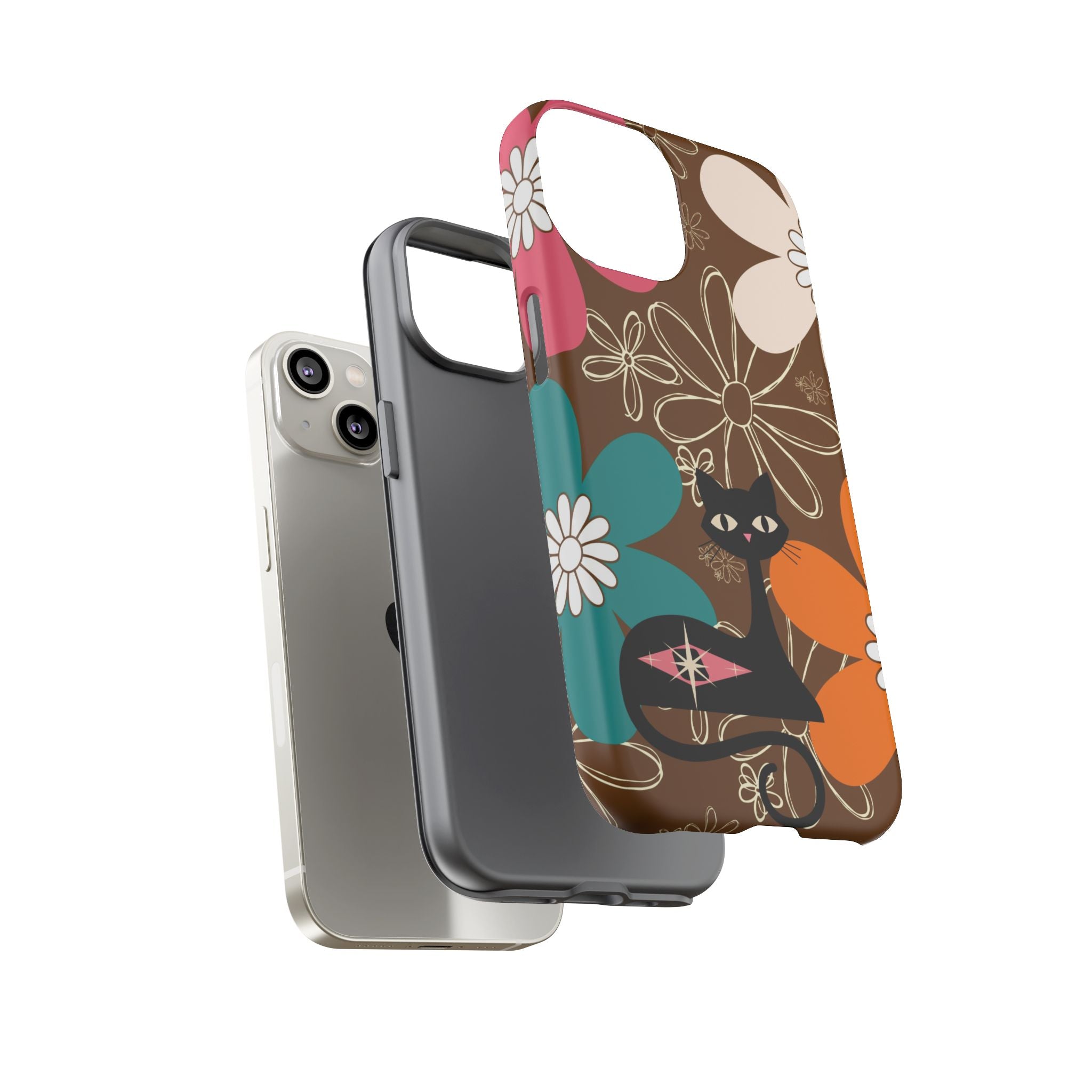 Atomic Cat Retro 70s Vibe Flower Power Tough Cases: Cute Floral and Cat Phone Case for Cat Lovers