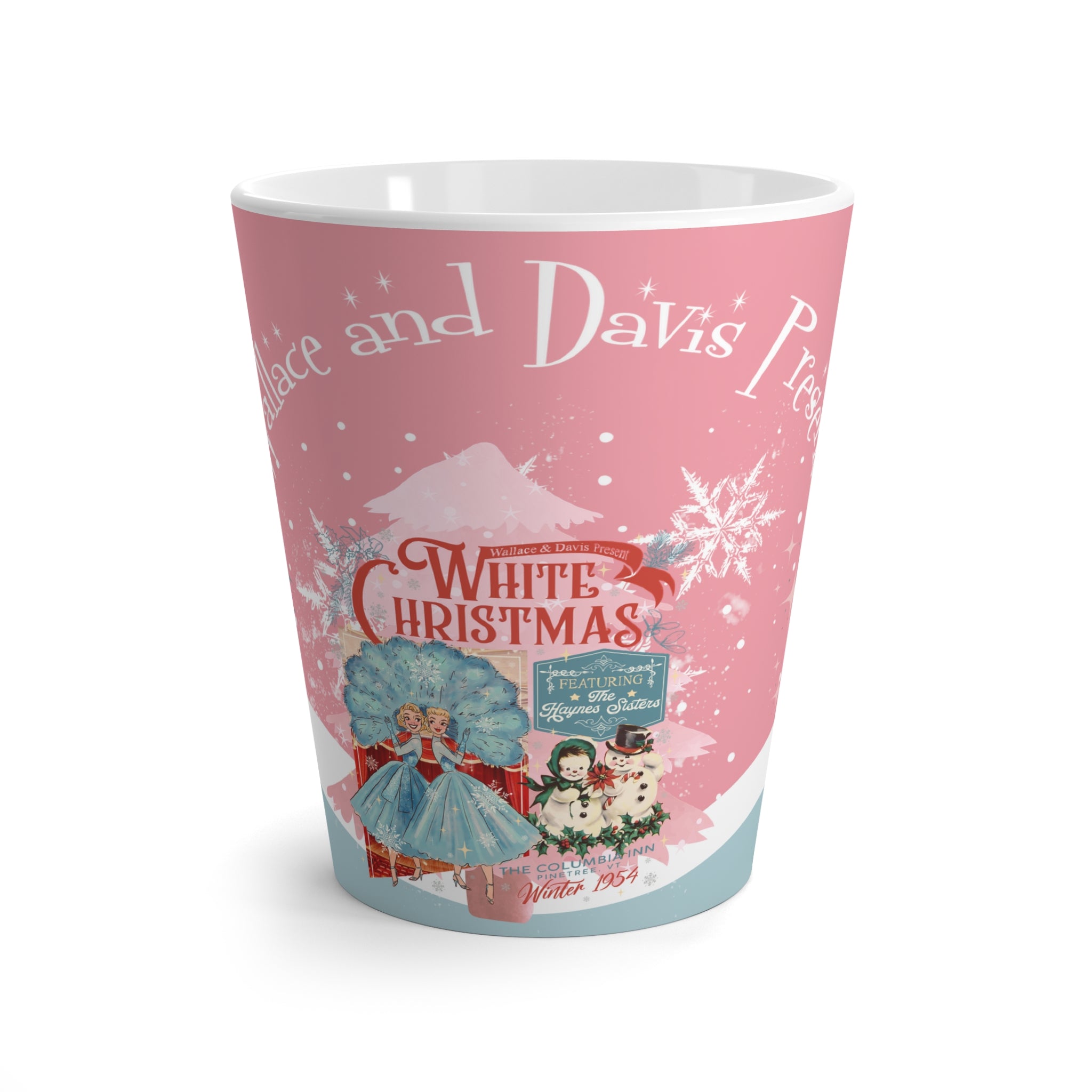 Sisters Sisters Wallace And Davis Festive Latte Mug - White Christmas Design for Holiday Cheer - Mid Century Modern Gal