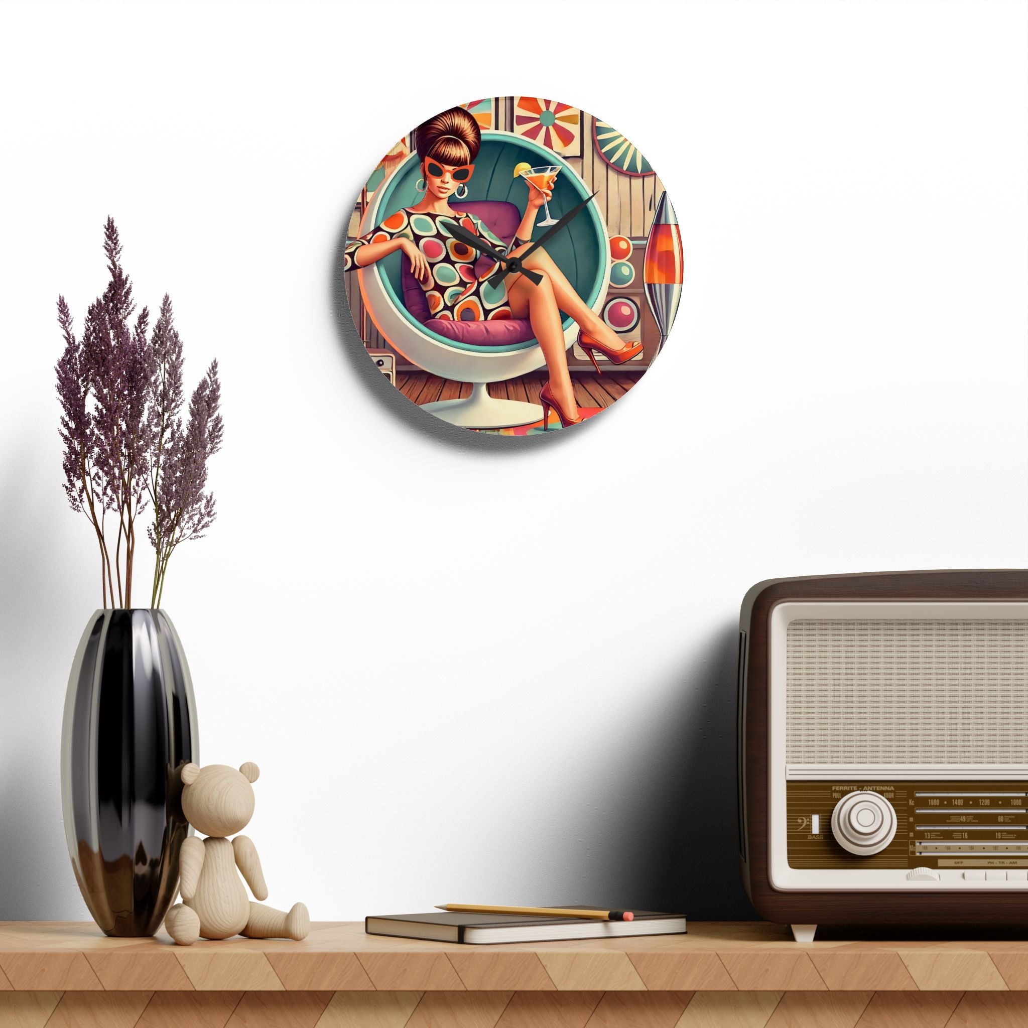 60s Mod Gal, Mid Century Modern Kitschy Acrylic Wall Clock - Mid Century Modern Gal