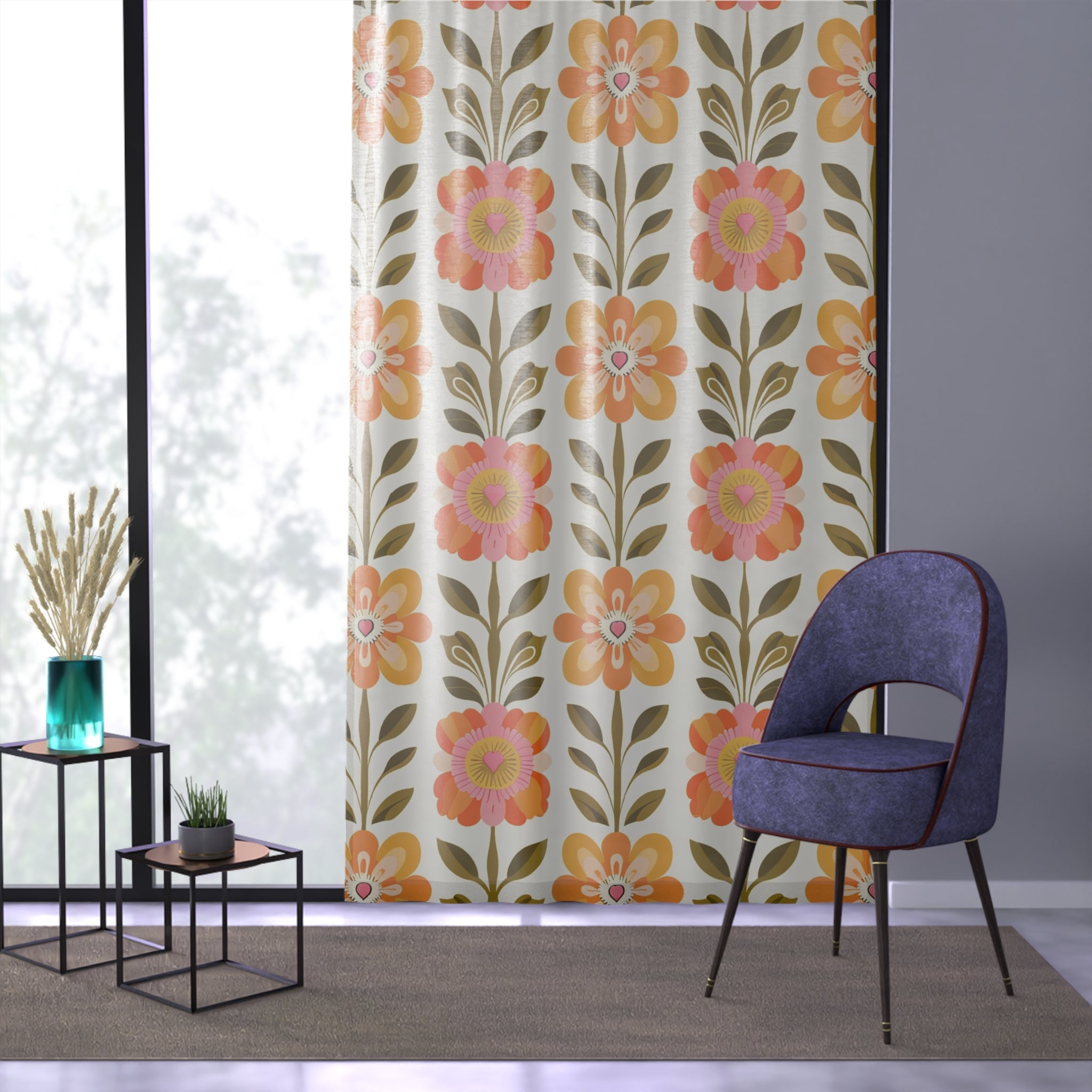Mid Century Modern Scandinavian Modern Danish Yellow, Orange Green Botanical Garden Floral Sheer Window Curtain - Mid Century Modern Gal