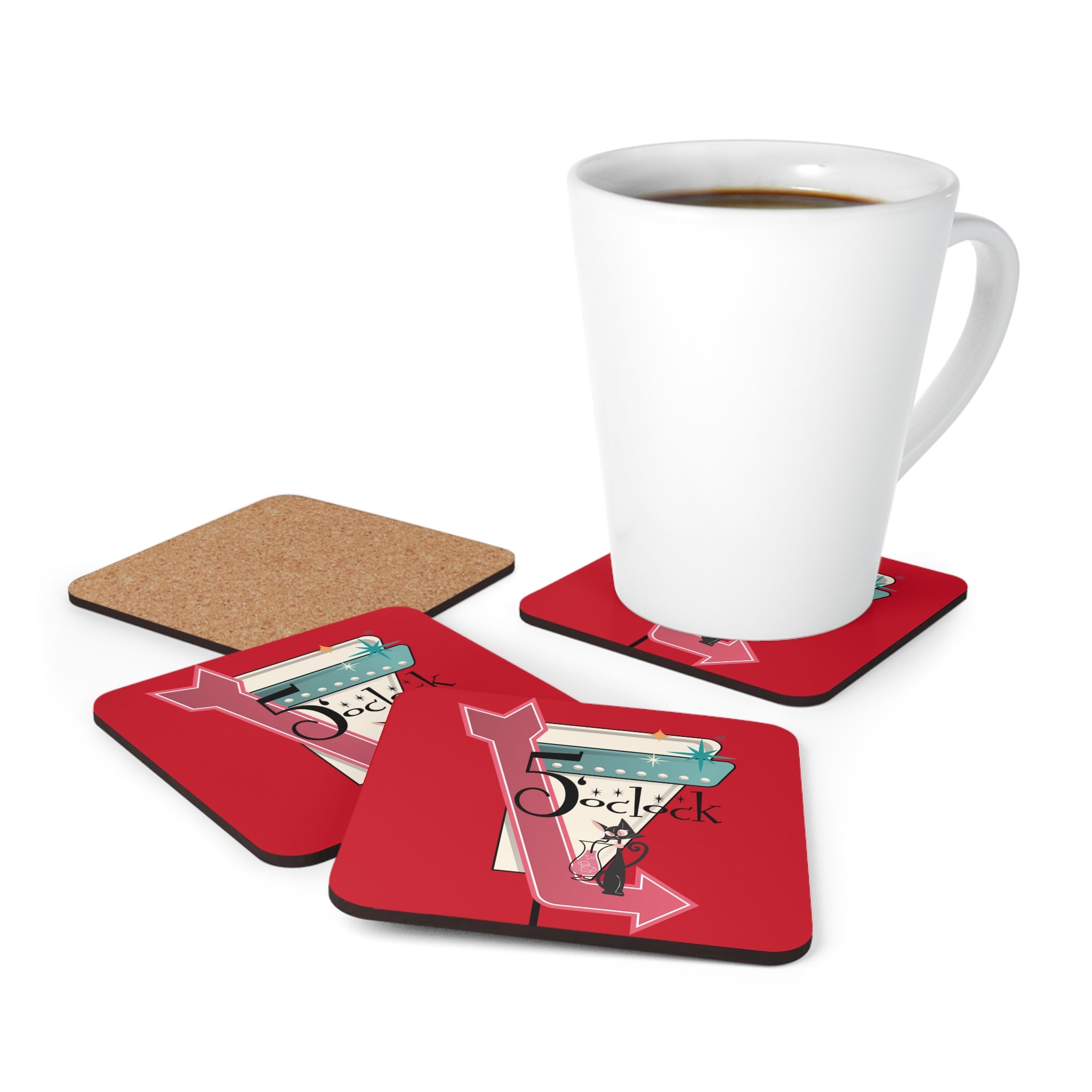 Mid Century Modern Atomic Cat, Kitschy Retro Red, Palm Spring Cali Style Corkwood Coaster Set - Mid Century Modern Gal