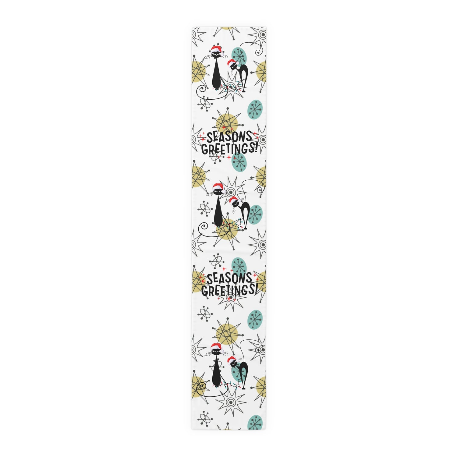 Mid Century Modern Franciscan Starburst, Kitschy 50s Atomic Cat Season Greetings Holiday Table Runner - Mid Century Modern Gal