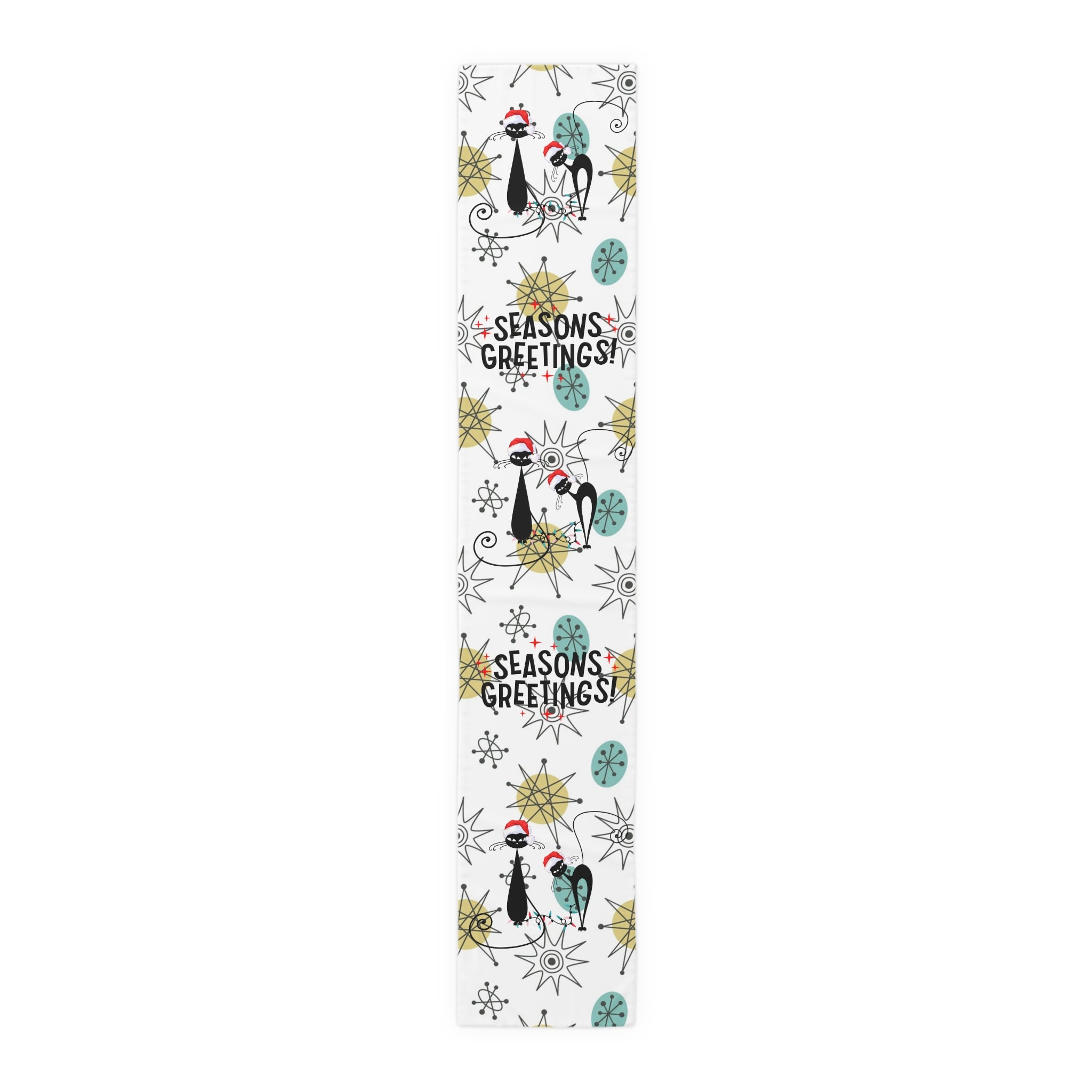 Mid Century Modern Franciscan Starburst, Kitschy 50s Atomic Cat Season Greetings Holiday Table Runner - Mid Century Modern Gal