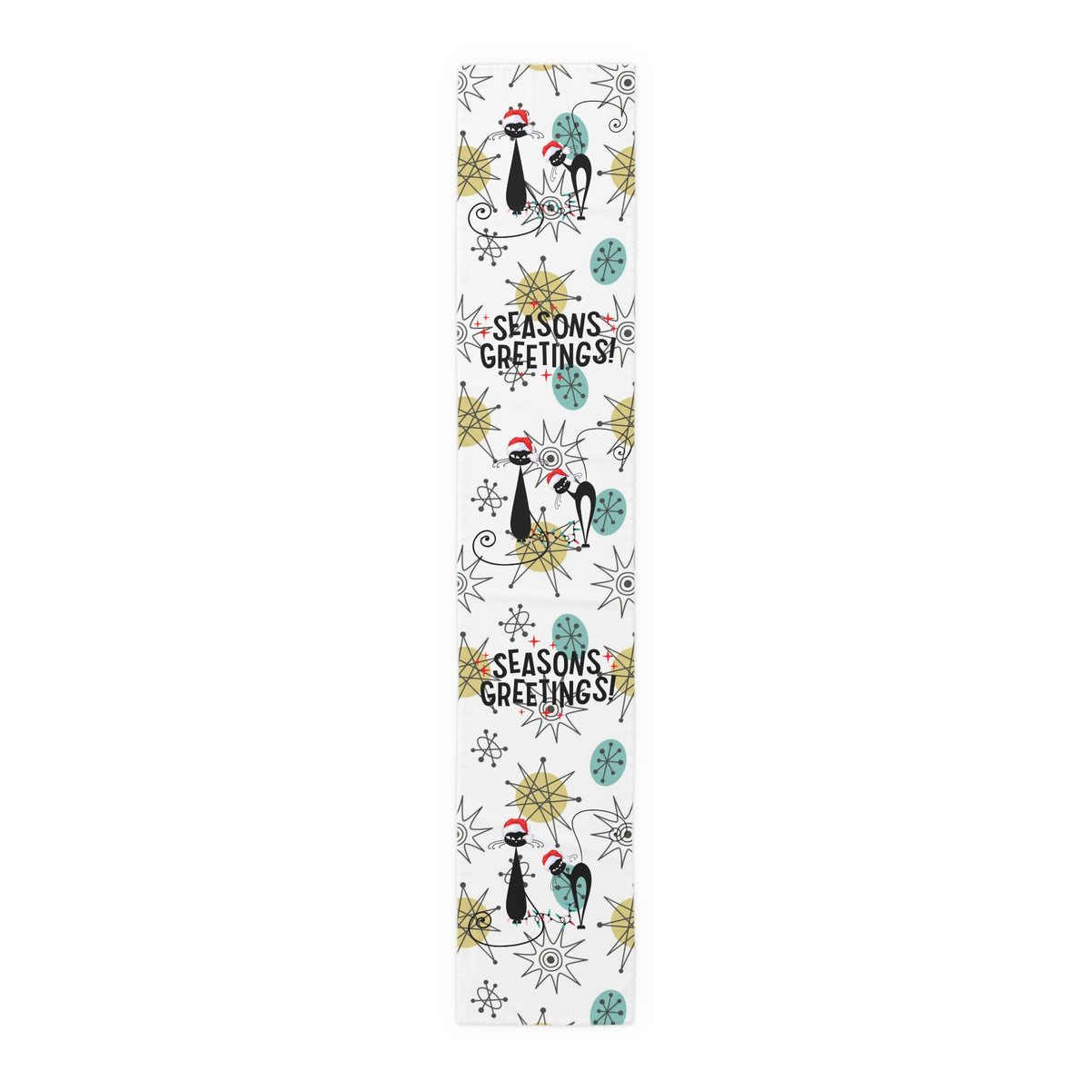 Mid Century Modern Franciscan Starburst, Kitschy 50s Atomic Cat Season Greetings Holiday Table Runner - Mid Century Modern Gal