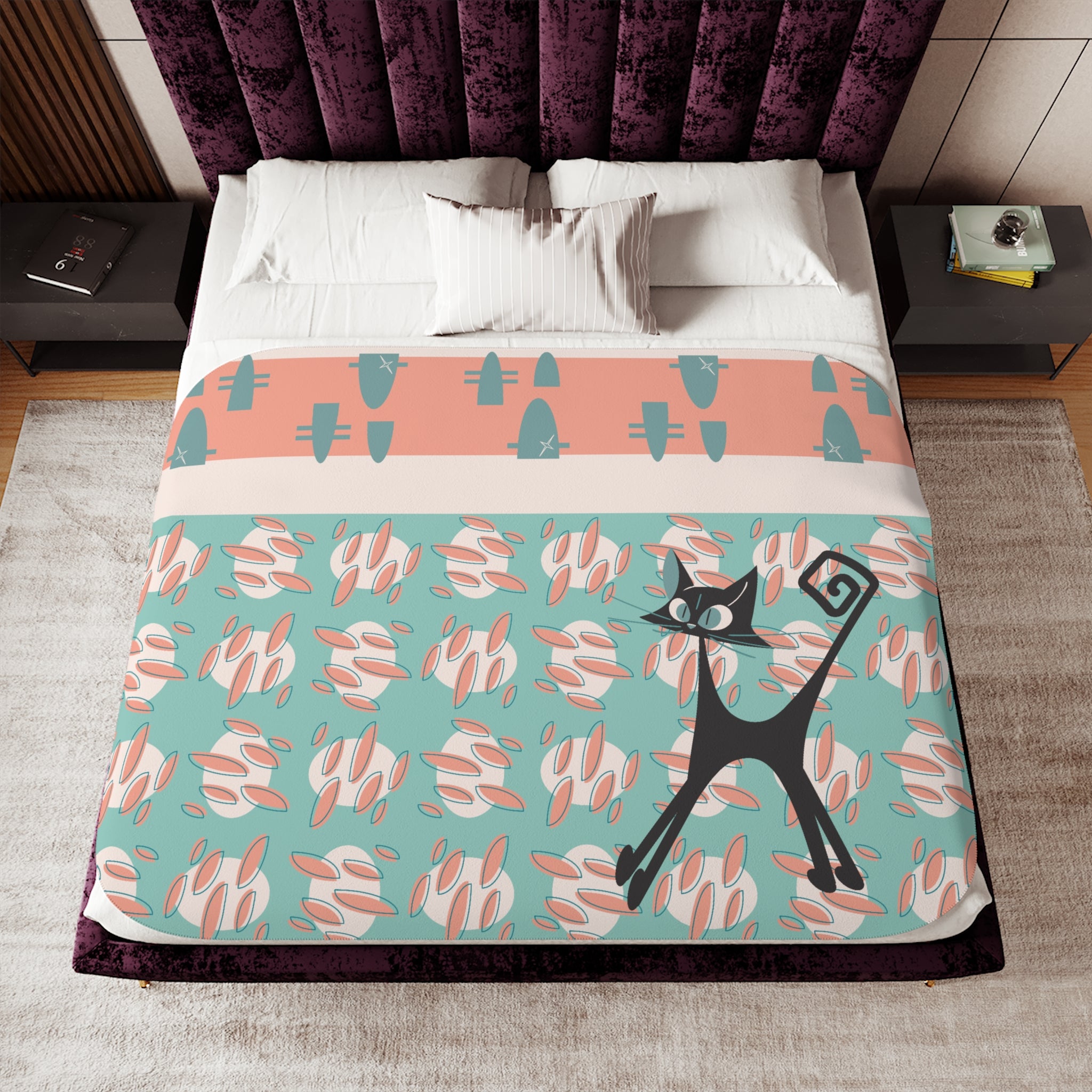 Mid Century Modern Atomic Cat Coral, Aqua Blue, Mid Mod Throw Blanket - Mid Century Modern Gal