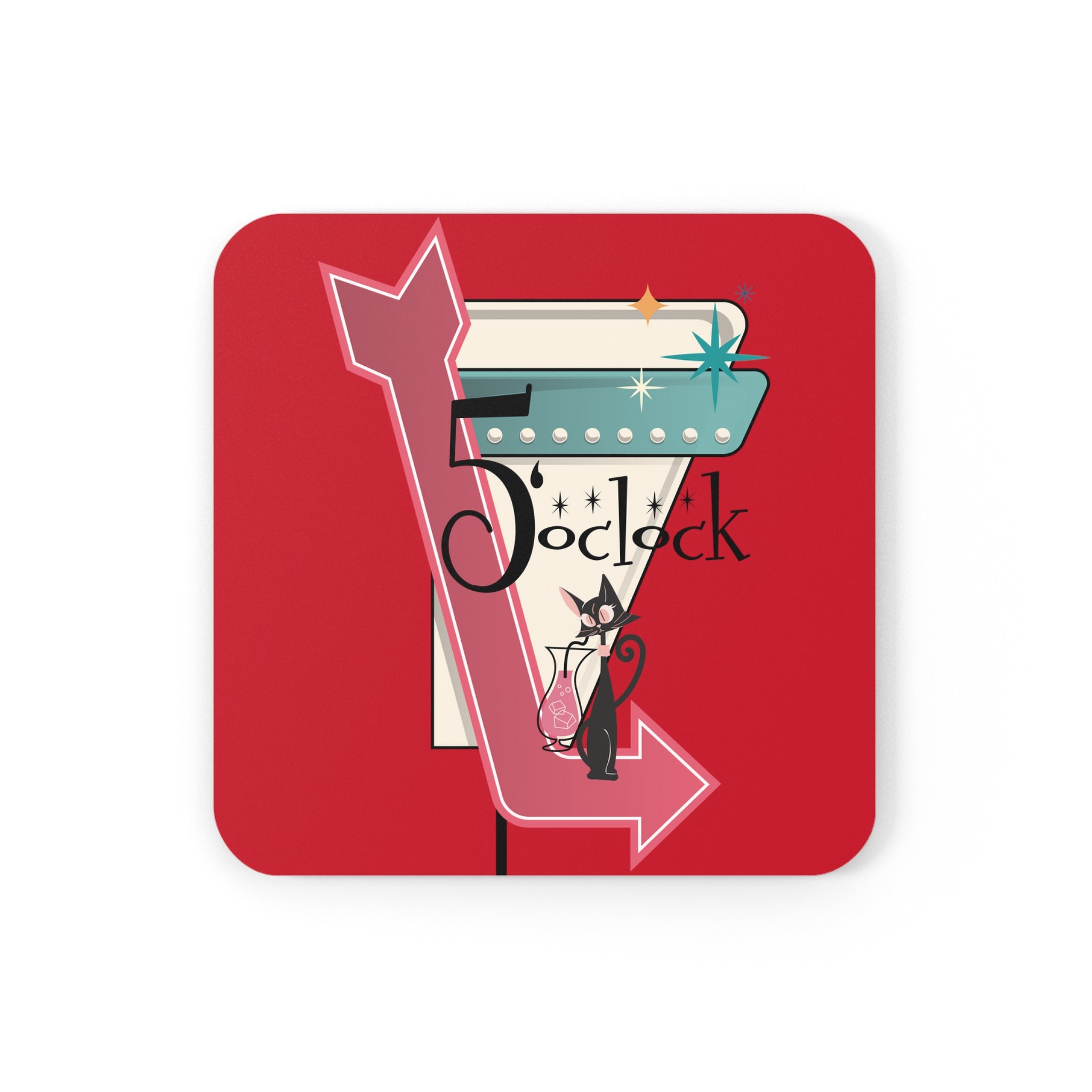 Mid Century Modern Atomic Cat, Kitschy Retro Red, Palm Spring Cali Style Corkwood Coaster Set - Mid Century Modern Gal