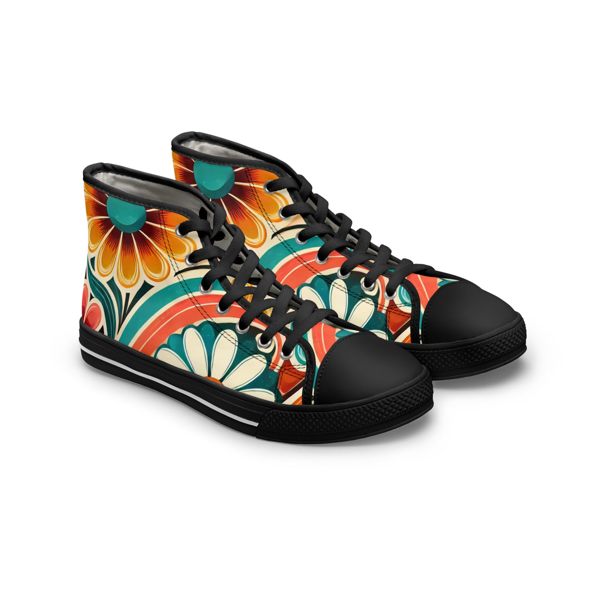 Retro 70s Bohemian Floral Women's High Top Sneakers - Vibrant Style for Every Occasion - Mid Century Modern Gal
