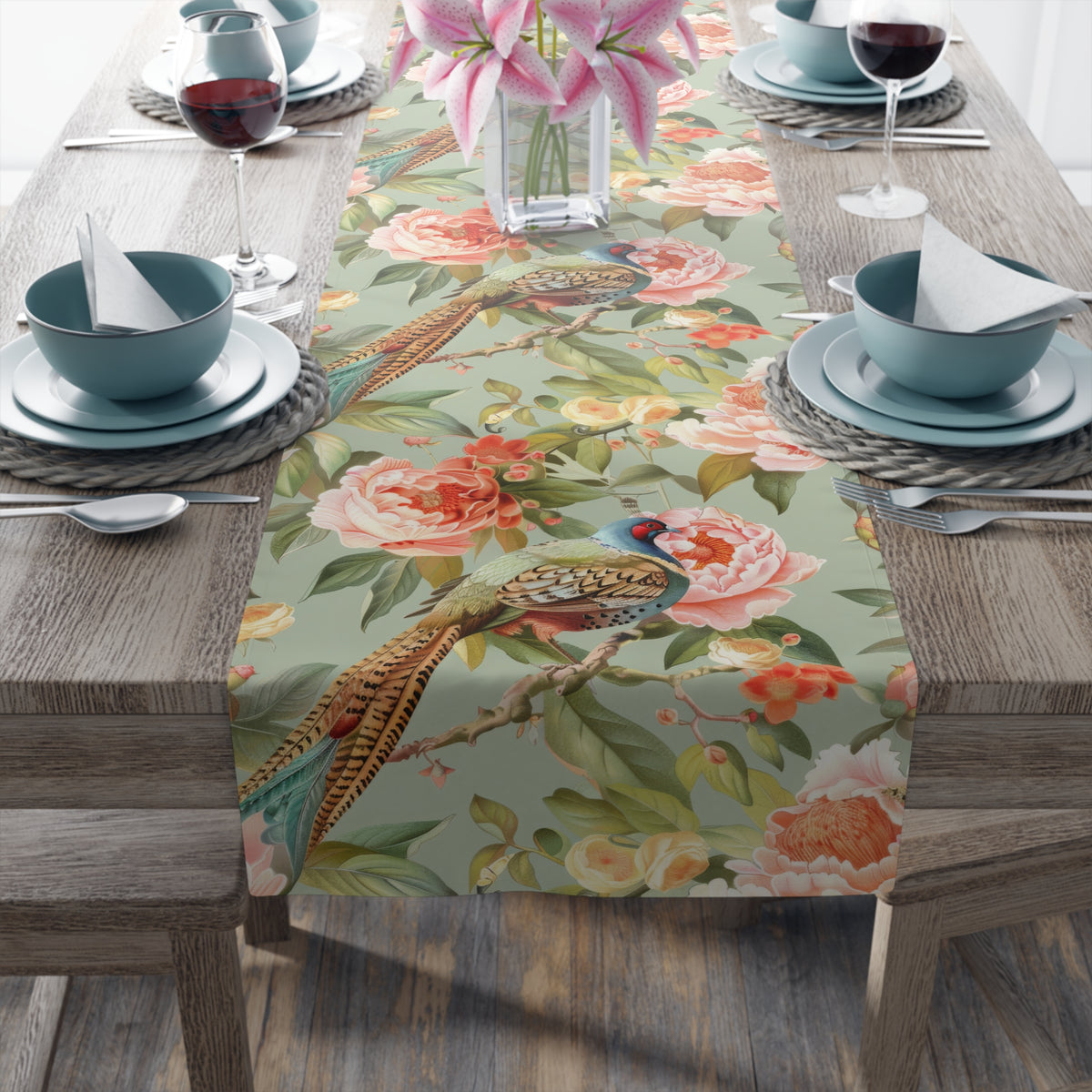 Chinoiserie Pheasant Floral Bird Table Runner - Elegant Table Linens - Mid Century Modern Gal