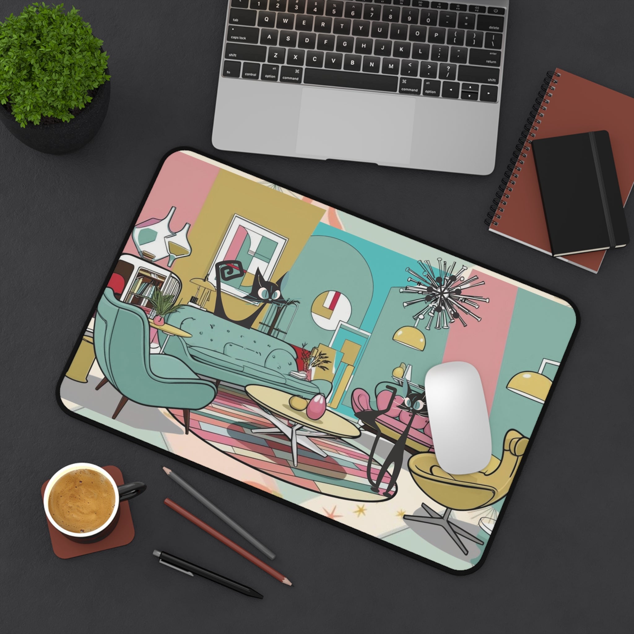 Mid-Century Modern Atomic Kitschy Cats Desk Mat - Stylish Home Office Decor - Mid Century Modern Gal