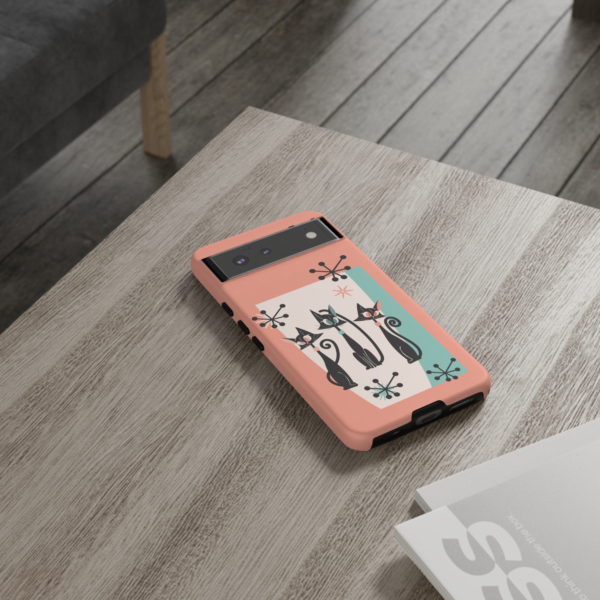 Atomic Cat Mid Mod Coral Aqua Blue Starburst Kitschy Fun Chic Samsung, Smart Phones Tough Cases - Mid Century Modern Gal