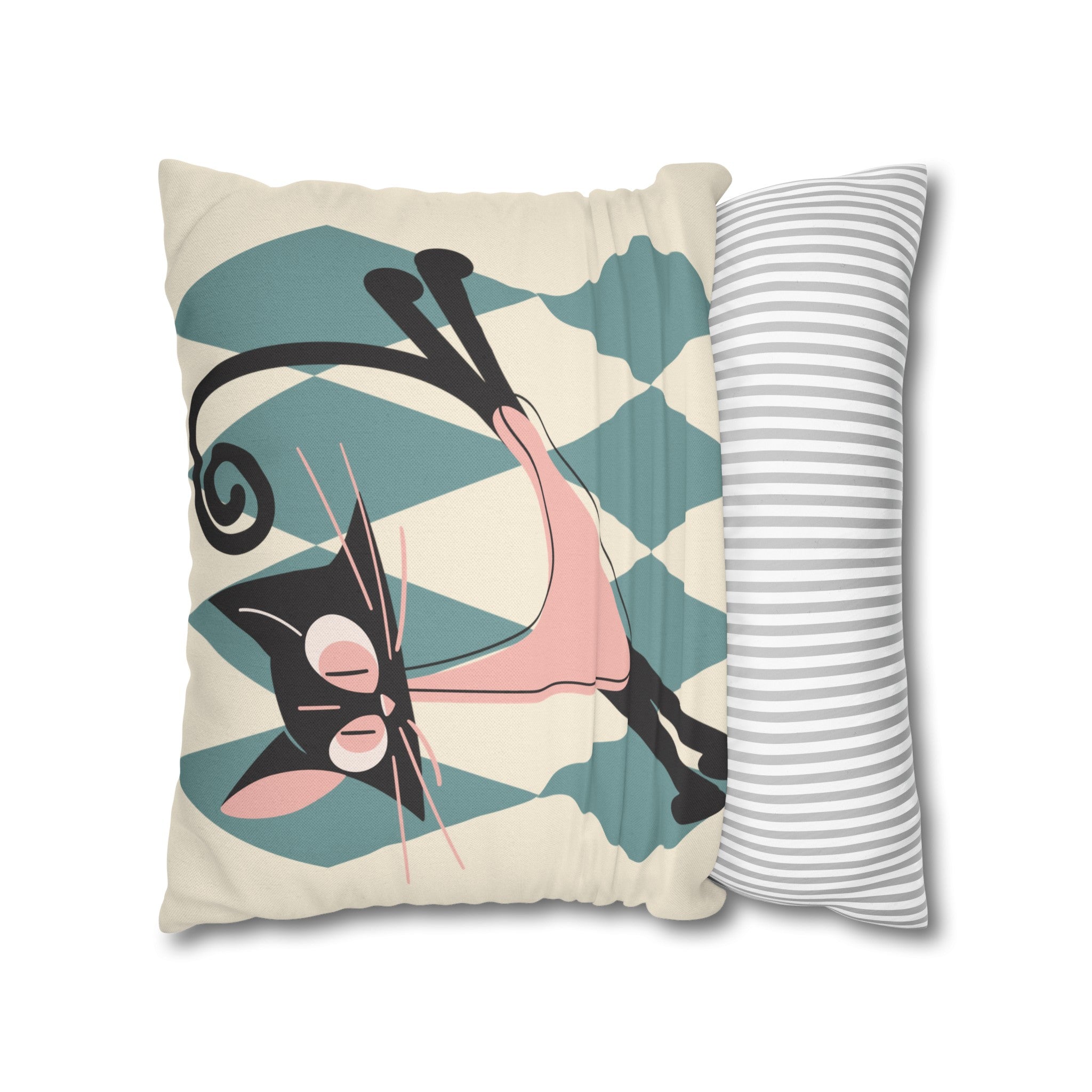 Atomic Kittie, Boomerang Mid Mod Atomic Cat, Harlequin Diamond Kitschy Pillow Cover - Mid Century Modern Gal