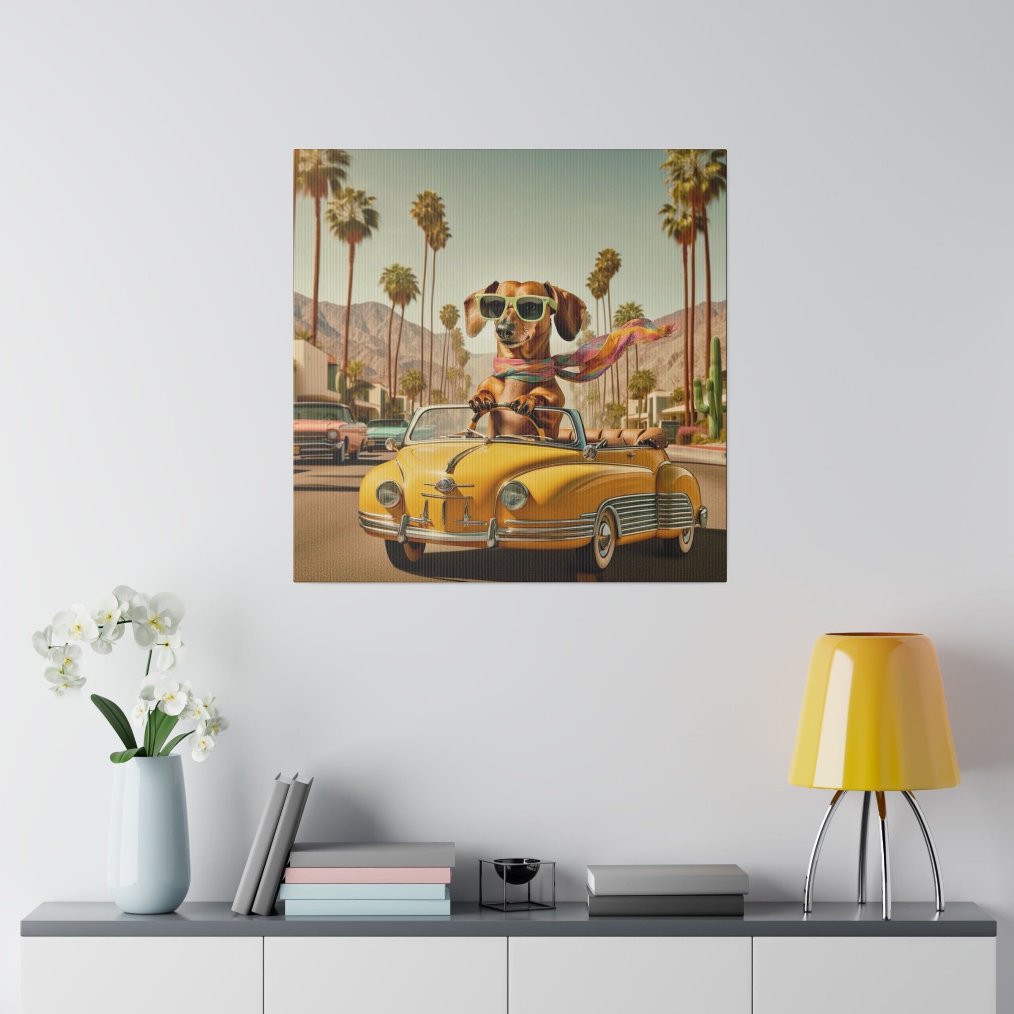 Funny Doxie Dachshund Palm Spring California Driving 50s Inspired Kitschy Wall Art - Mid Century Modern Gal