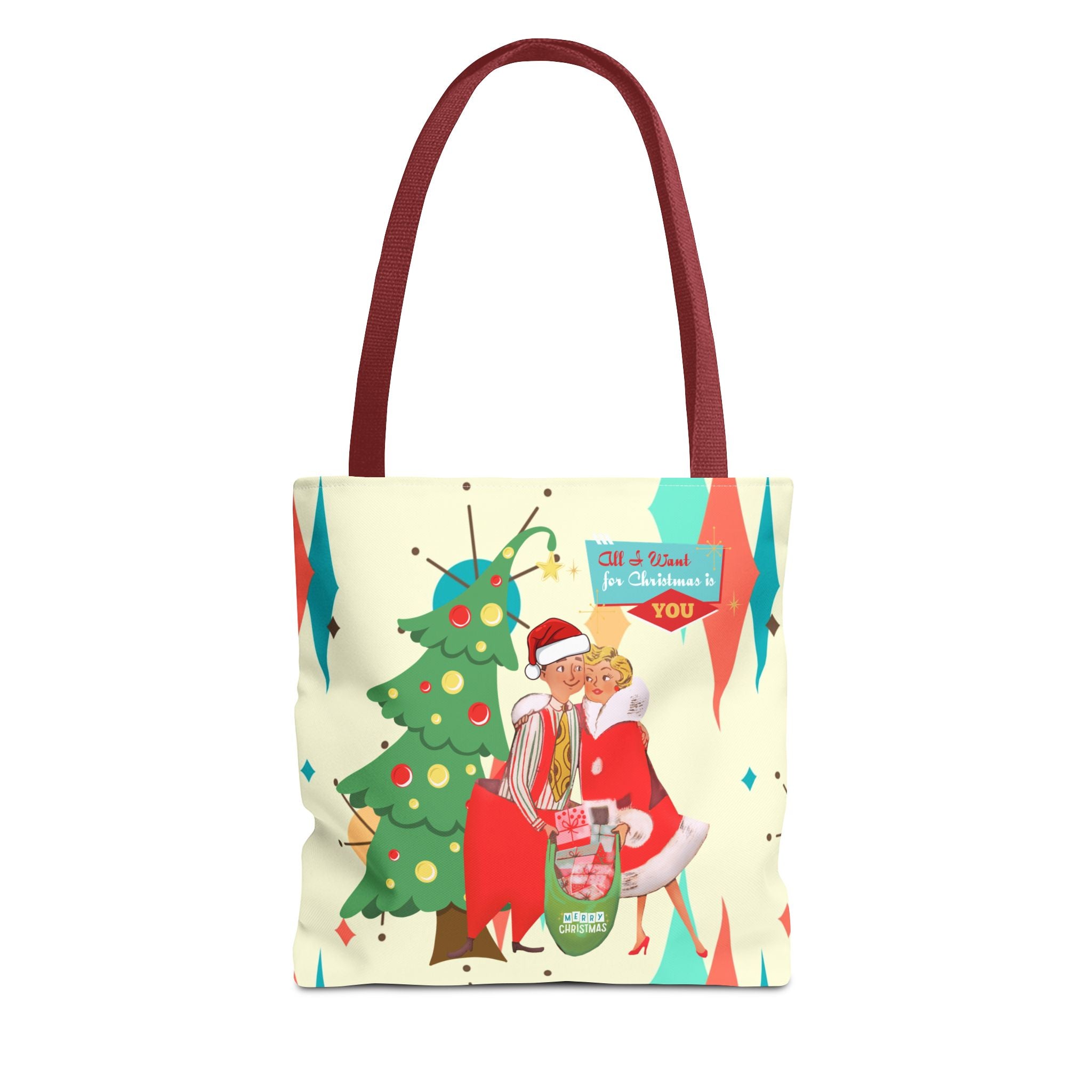 Christmas Couples Tote Bag, Cute Holiday Gift, Fun Shopping Bag, Joyful Christmas Decor, Merry Tote for Party Use - Mid Century Modern Gal