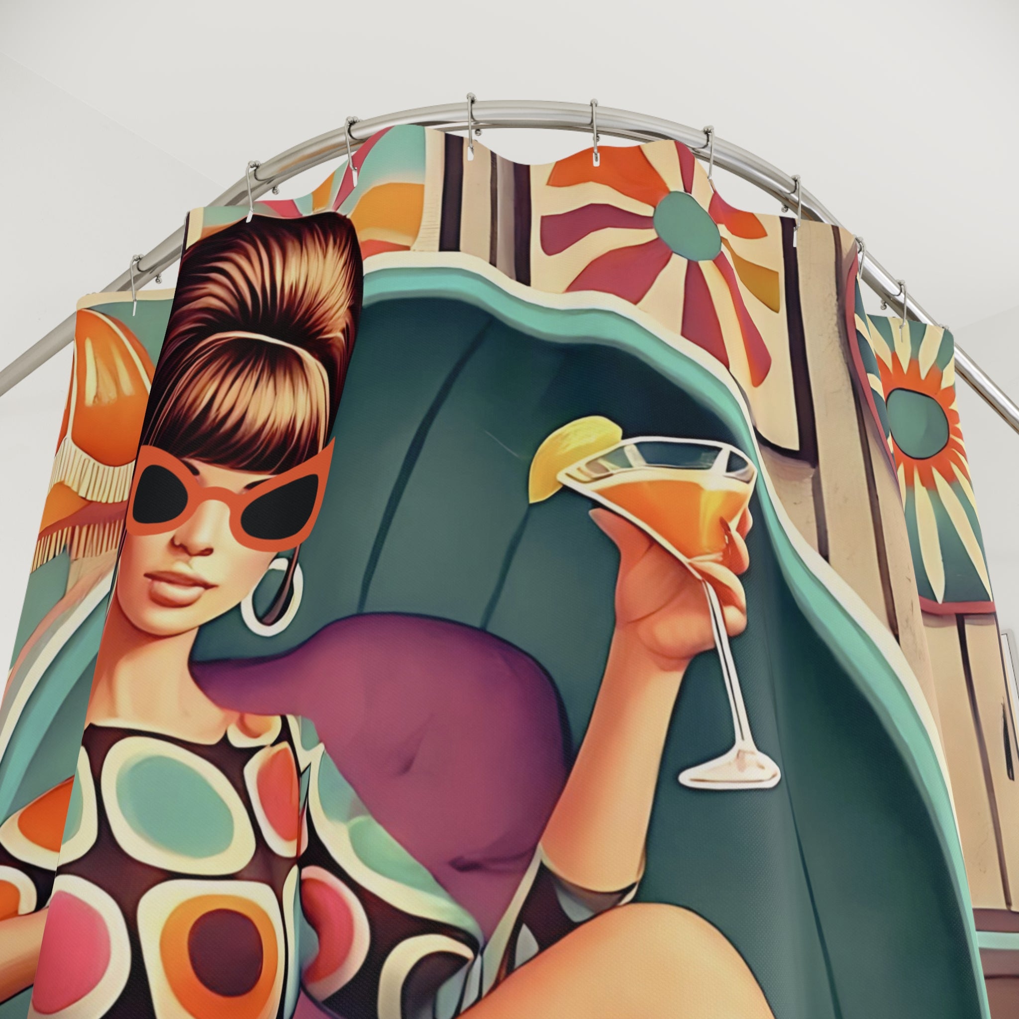 60s Mid Mod Gal, Martini Lover, Atomic Cat Kitschy Retro Glam Shower Curtain with Chic Retro Design - Mid Century Modern Gal
