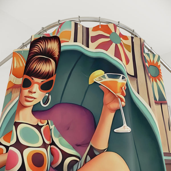 60s Mid Mod Gal, Martini Lover, Atomic Cat Kitschy Retro Glam Shower Curtain with Chic Retro Design