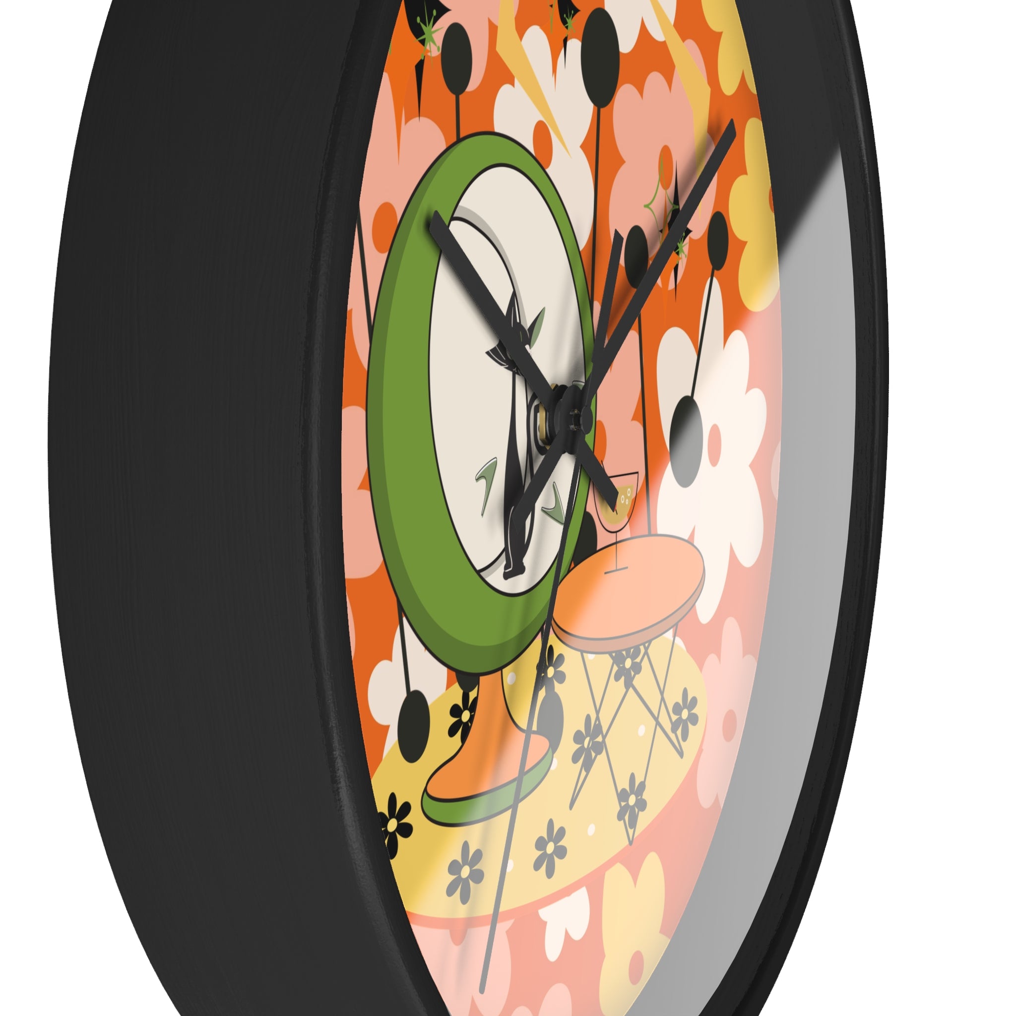 Atomic Cat Mid Century Modern Groovy Retro Floral Cat Wall Clock - Vintage Home Decor - Mid Century Modern Gal