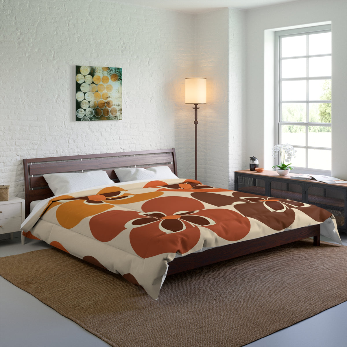 70's Bedroom, Mod Daisy, Brown, Orange, Yellow, Groovy, Retro Mid Century Modern, MCM Comforter, King, Queen - Mid Century Modern Gal